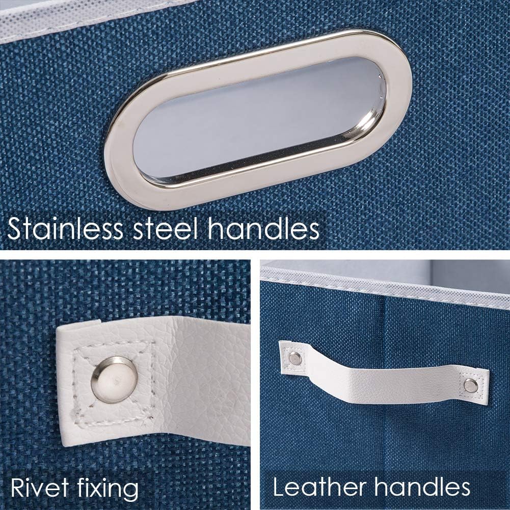 PRANDOM Fodable Storage Bins for Closet [3-Pack] Decorative Fabric Storage Baskets Cubes with Leather/Metal Handles for Shelves Bedroom Living Room Royal Blue (11.5x8.5x6.7 Inch)