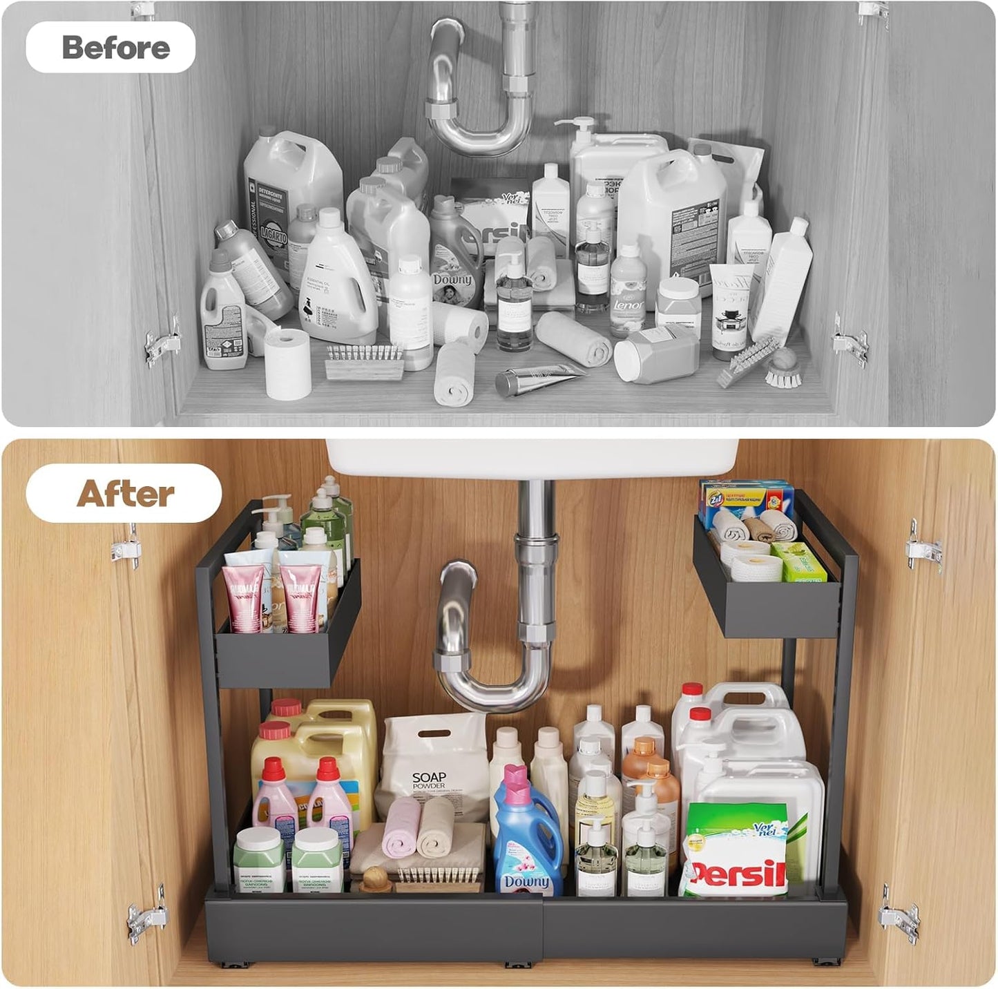 Expandable Under Sink Organizer with 3 Ball-Bearing Slide Rails , 2-Tier Pull-Out Under Cabinet Storage Shelf for Kitchen & Bathroom , Height-Adjustable Slide-Out Cabinet Drawer （Black, 1-Pack）