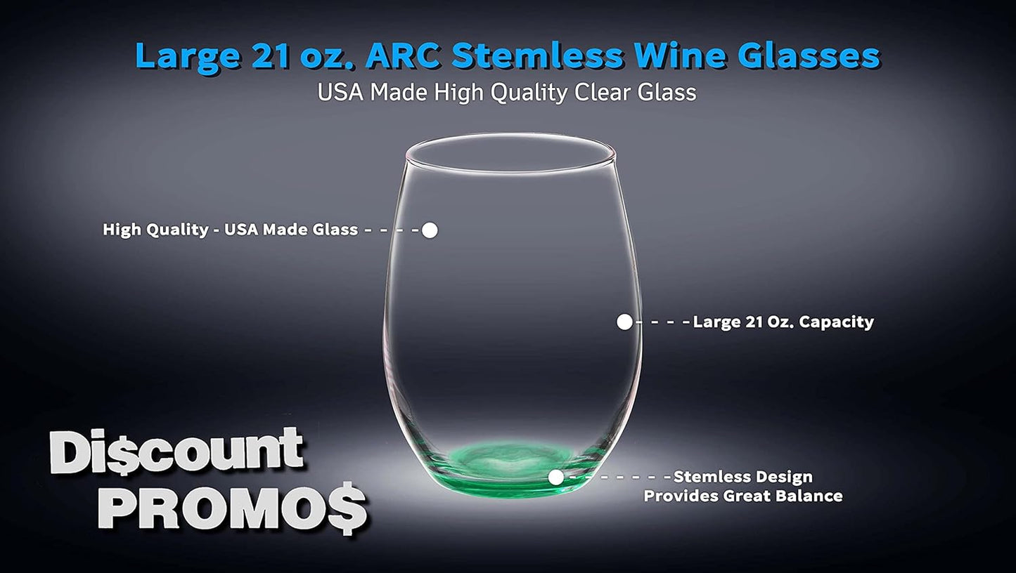 DISCOUNT PROMOS 10 ARC Stemless Wine Glasses Set, 21 oz. - Chardonnay, Cabernet, Merlot, Sauvignon - Green