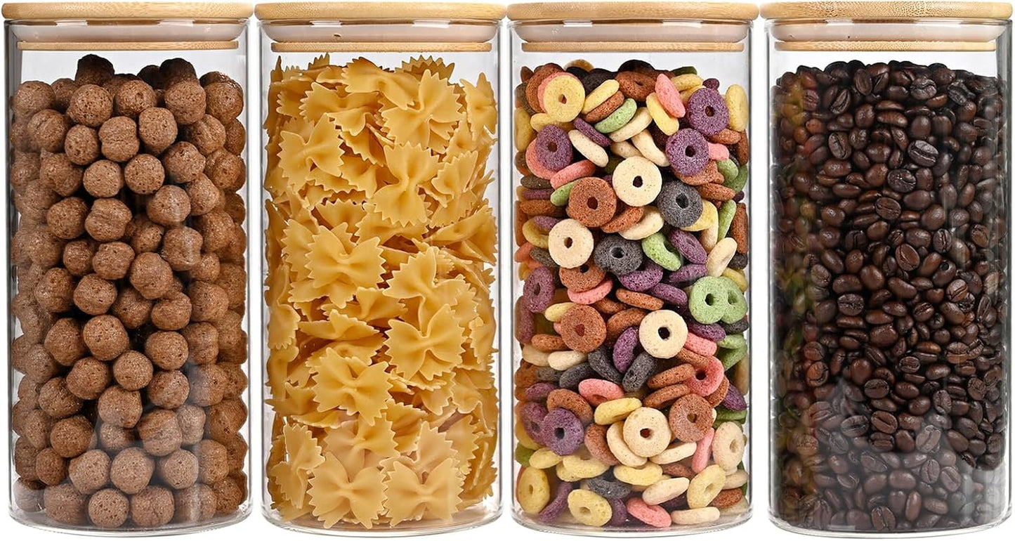 53oz Glass Food Storage Jars, Glass Jars with Bamboo Lids, Kitchen Storage Jars, Set of 4, Canisters with Airtight Lids for Spice, Coffee, Cookie, Pantry Organizers