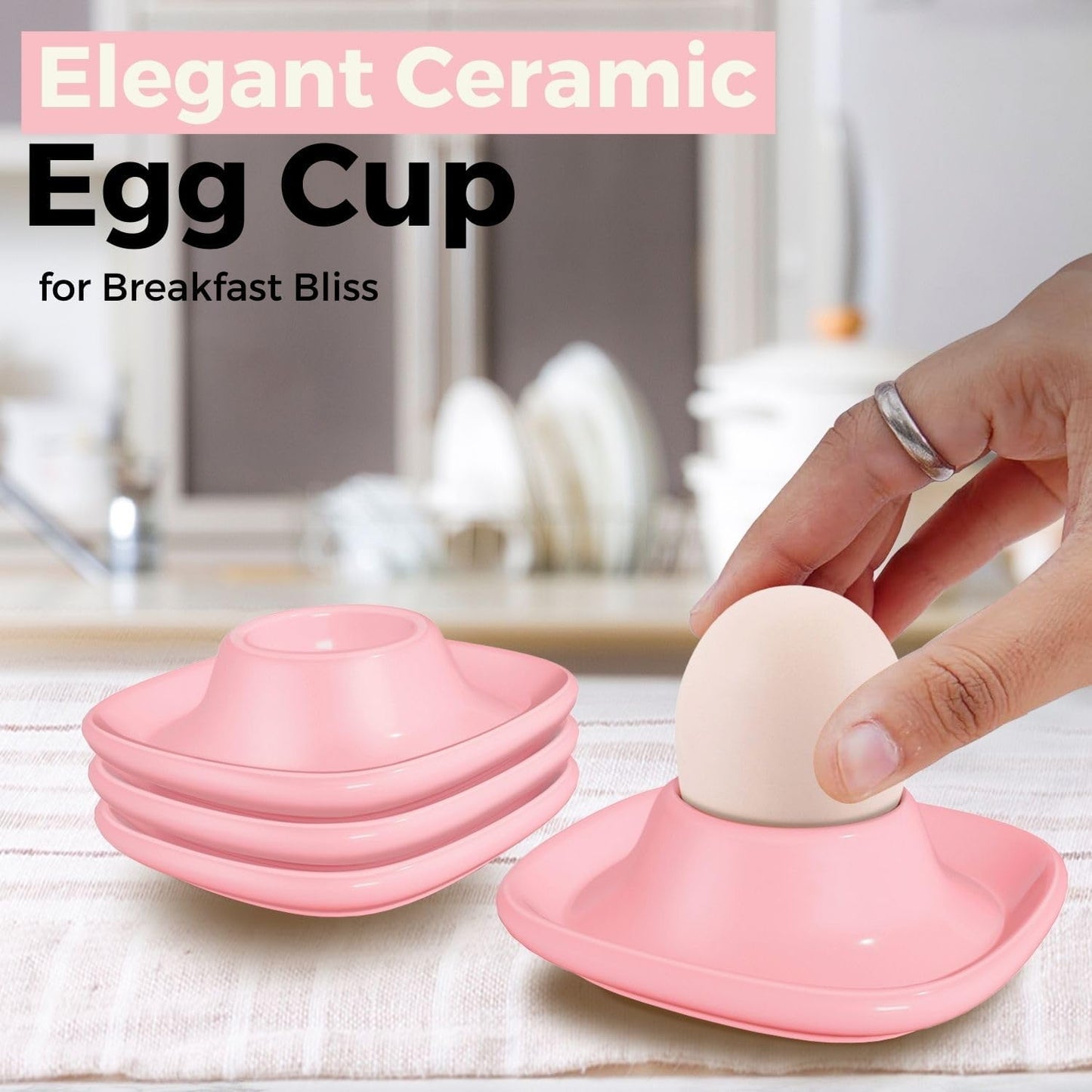 Flexzion Egg Cups for Soft Boiled Eggs - Set of 6 Ceramic Egg Holder - Stackable Egg Coddler Cups with Base for Serving, Breakfast, Brunch - Kitchen Table Decor, Pink