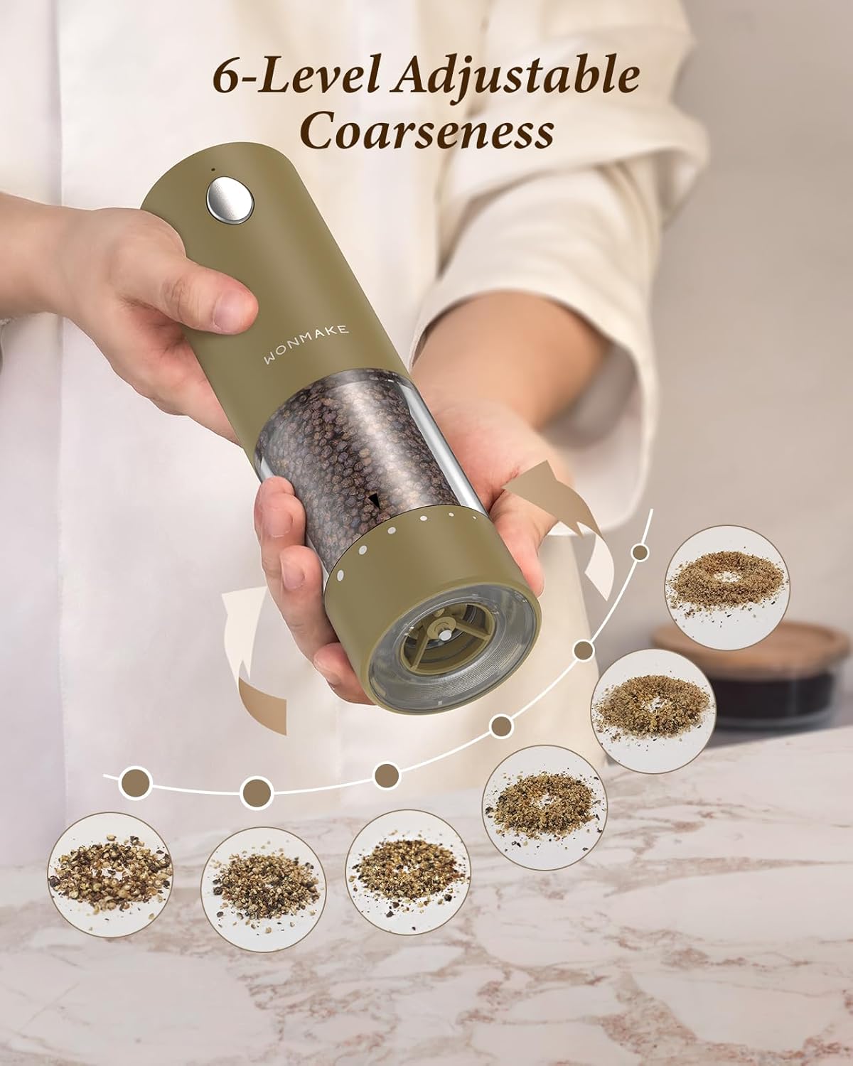 Electric Salt and Pepper Grinder Set - Automatic Refillable Salt and Pepper Grinders with Charging Base & LED Light, 6-Level Adjustable Coarseness with External Dial, Ideal Kitchen Gadget，Brown