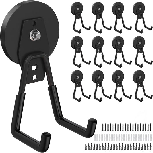 12 Pcs Magnetic Hooks Heavy Duty, Large Strong Magnetic Storage Hook for Hanging Garage Tool, 66mm Magnet Hooks with Anti-Slip Coating, Magnetic Holder for Power Drill/Metal Cabinet/Garden Tools