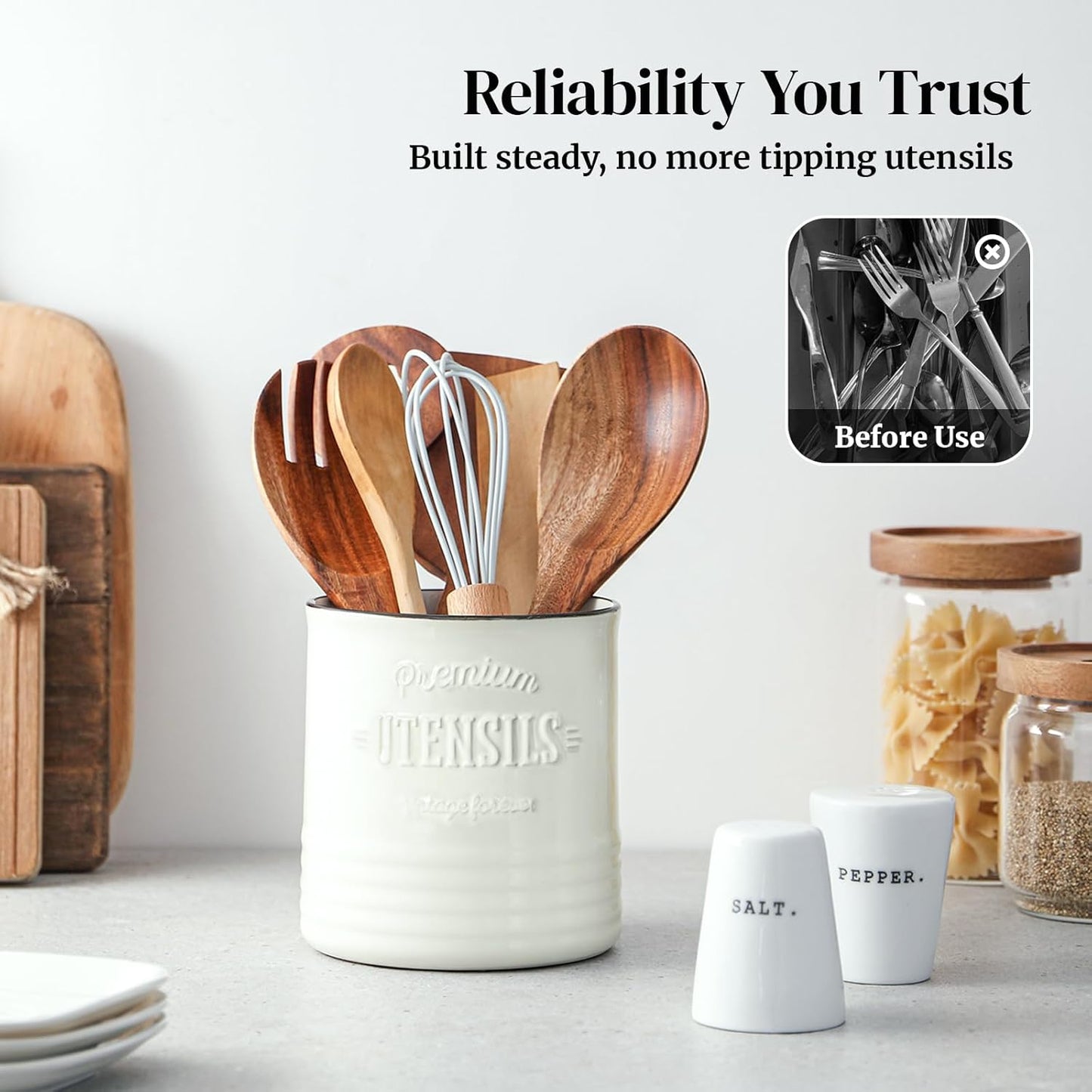 DOWAN 7.2″ Extra Large Kitchen Utensil Holder, Farmhouse Utensil Holder for Countertop, Ceramic Utensil Crock with Protection Cork Mat, Utensil Organizer for Kitchen Decor & Housewarming Gift, White