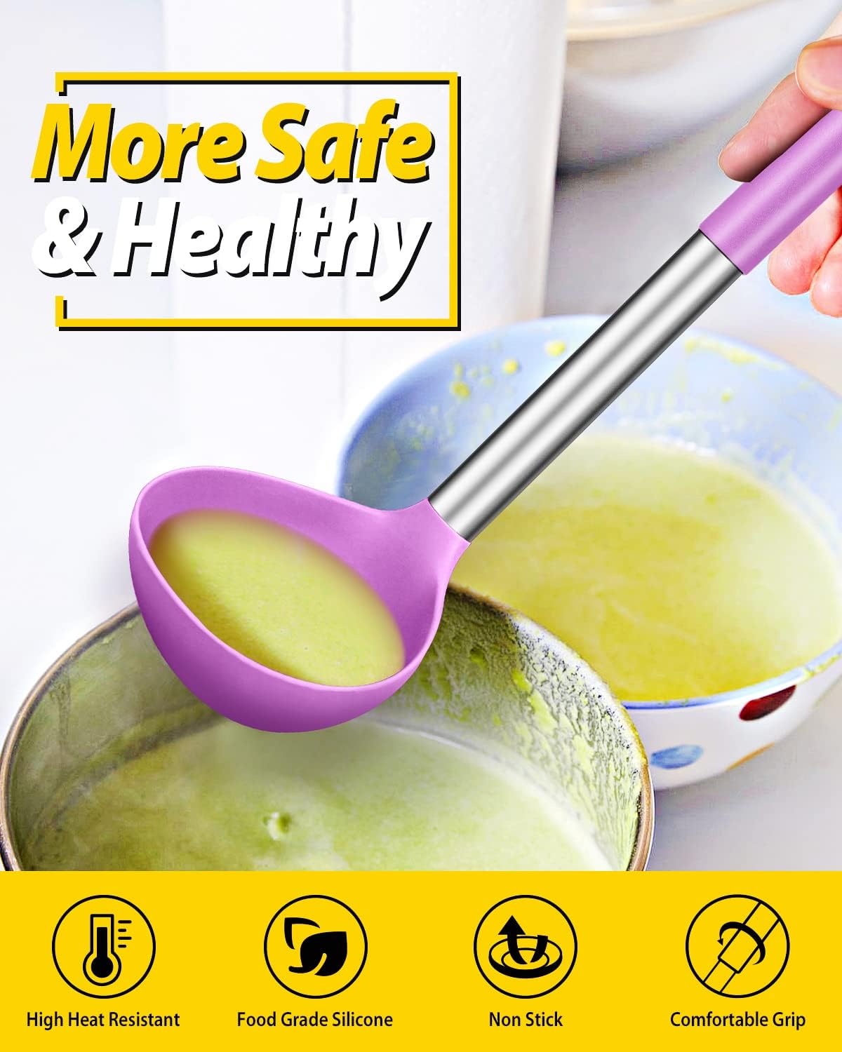 Pack of 2 Ladle Spoon,Silicone Large Spoon for Soup,Non Stick Kitchen Utensils with High Heat Resistant,BPA Free Perfect Kitchen Tools for Cooking, Stirring,Serving Soups (PINK-PURPLE)