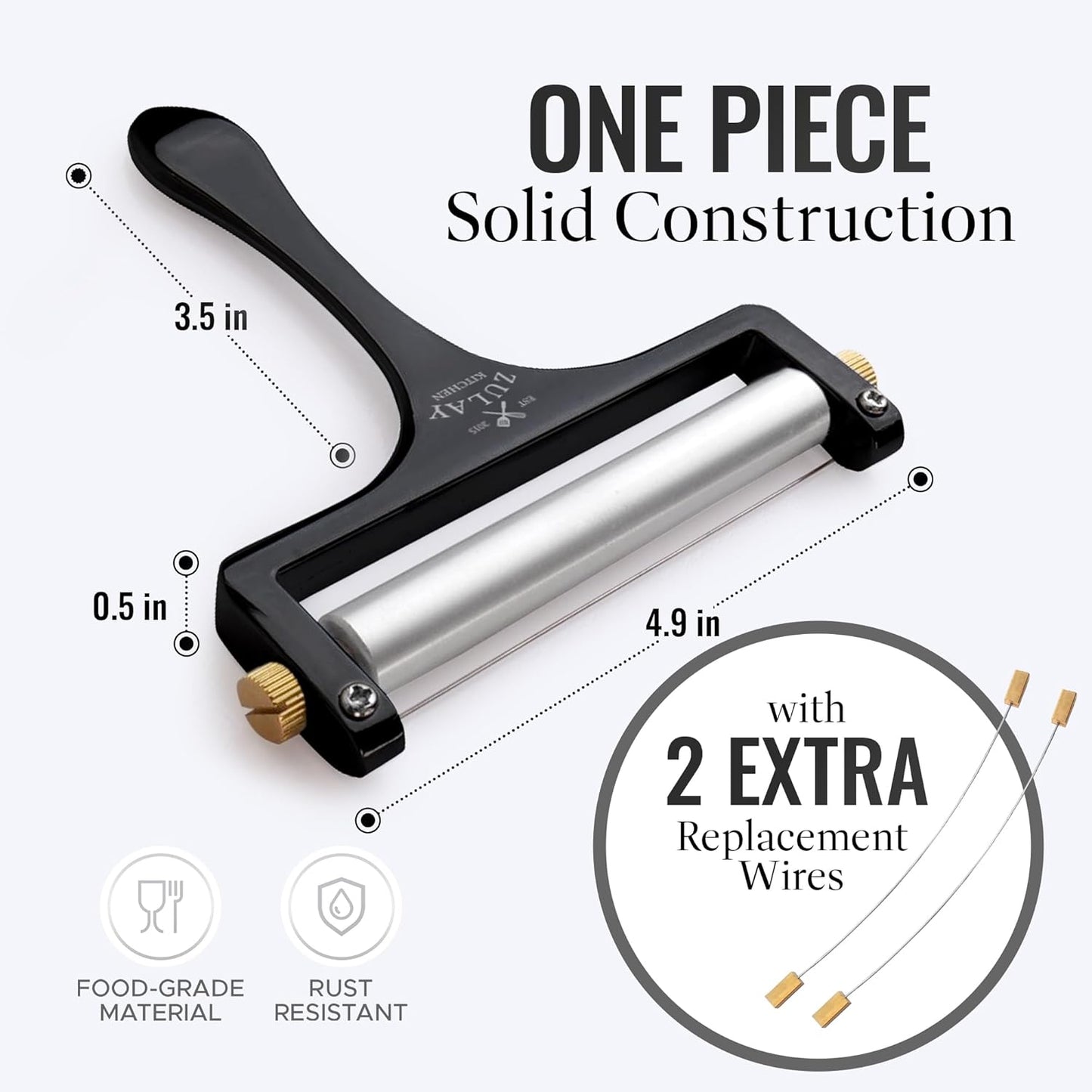 Zulay Kitchen Stainless Steel Wire Cheese Slicer - Adjustable Hand Held Cutter with 2 Extra Wires - Premium Cheese Shaver For Mozzarella, Cheddar, Gruyere - Black