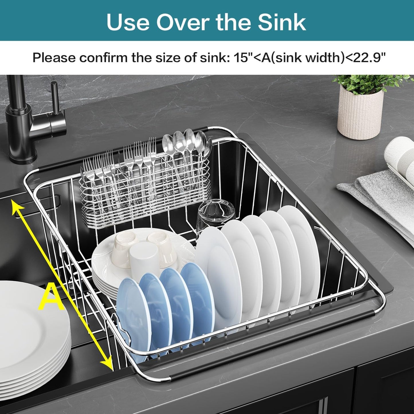 Large Dish Drying Rack in Sink Expandable, Adjustable304 Stainless Steel Metal Dish DrainerRack Organizer with Stainless Steel Utensil Holder Over Inside Sink Counter, Rustproof