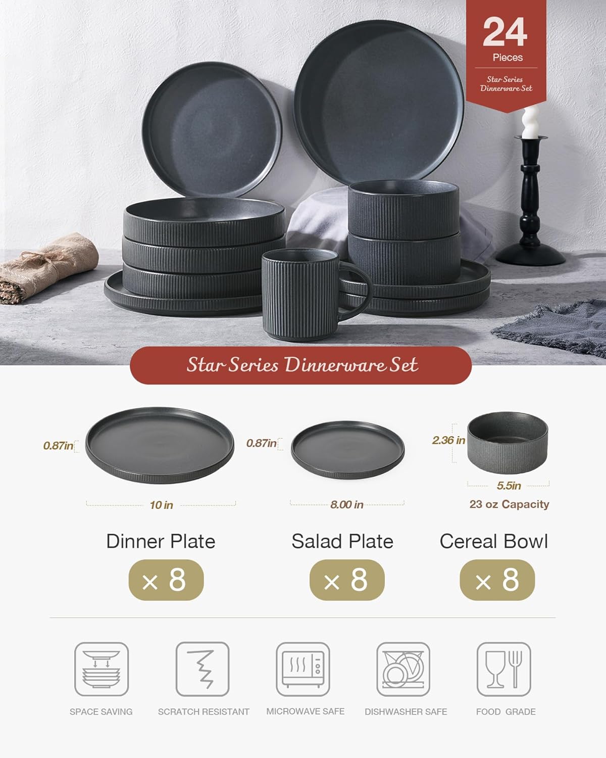 Famiware Star Plates and Bowls Sets, Modern Stoneware Dinnerware Sets for 8, 24-Piece Kitchen Dish Set - Microwave and Dishwasher Safe, Chip and Scratch Resistant, Matte Dark Charcoal
