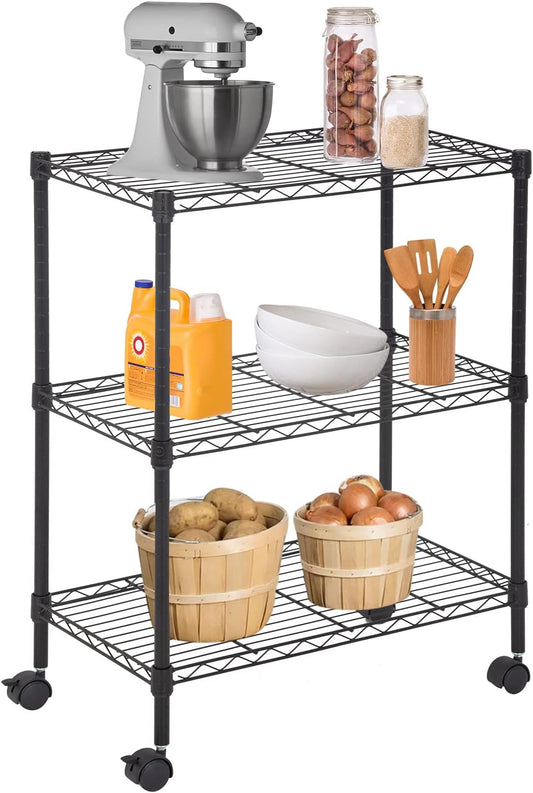 FDW Wire Shelving Metal Storage Shelves 23L x 13W x 32H 3 Tier Layer Storage Shelves with Wheels for Kitchen Garage Small Places,Black