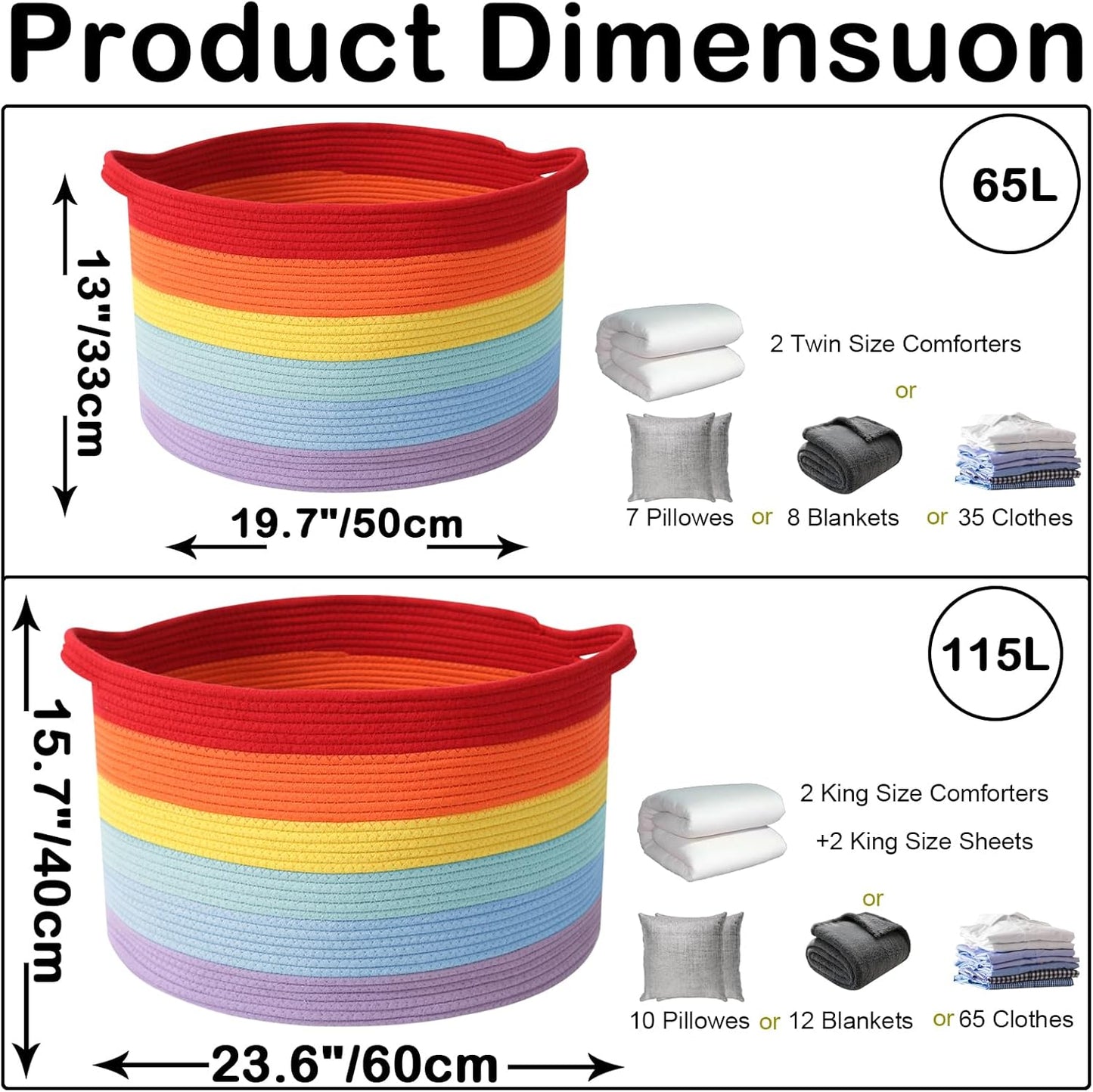 Large Blanket Basket for Organizing,115L Closet Organizers and Storage Bins Box for Shelves Woven Rope Storage Baskets,Living Room,Bedroom,Dorm,Laundry room (Rainbow)