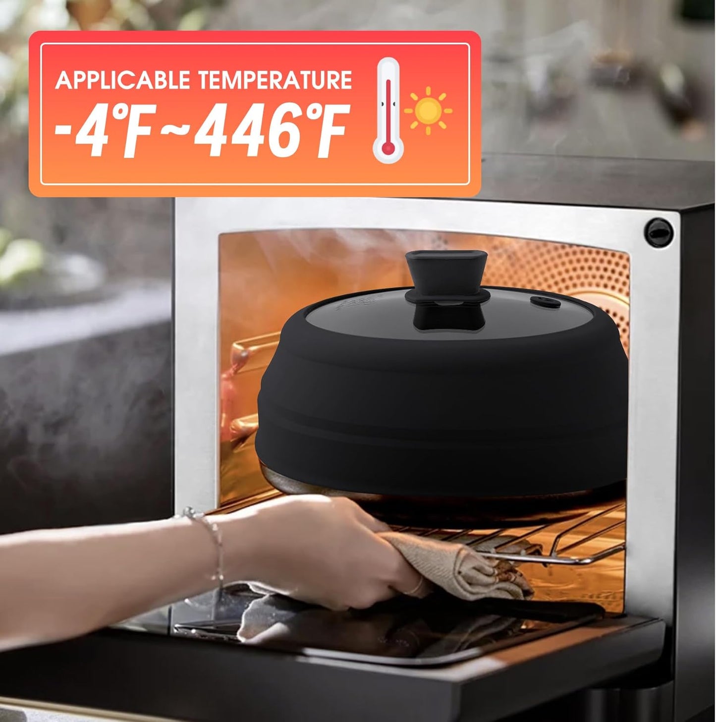 Microwave Splatter Cover Glass Microwave Cover for Food Collapsible Splatter Guard Lid with Silicone Handle for Pot Plate Bowl 9 Inch Black