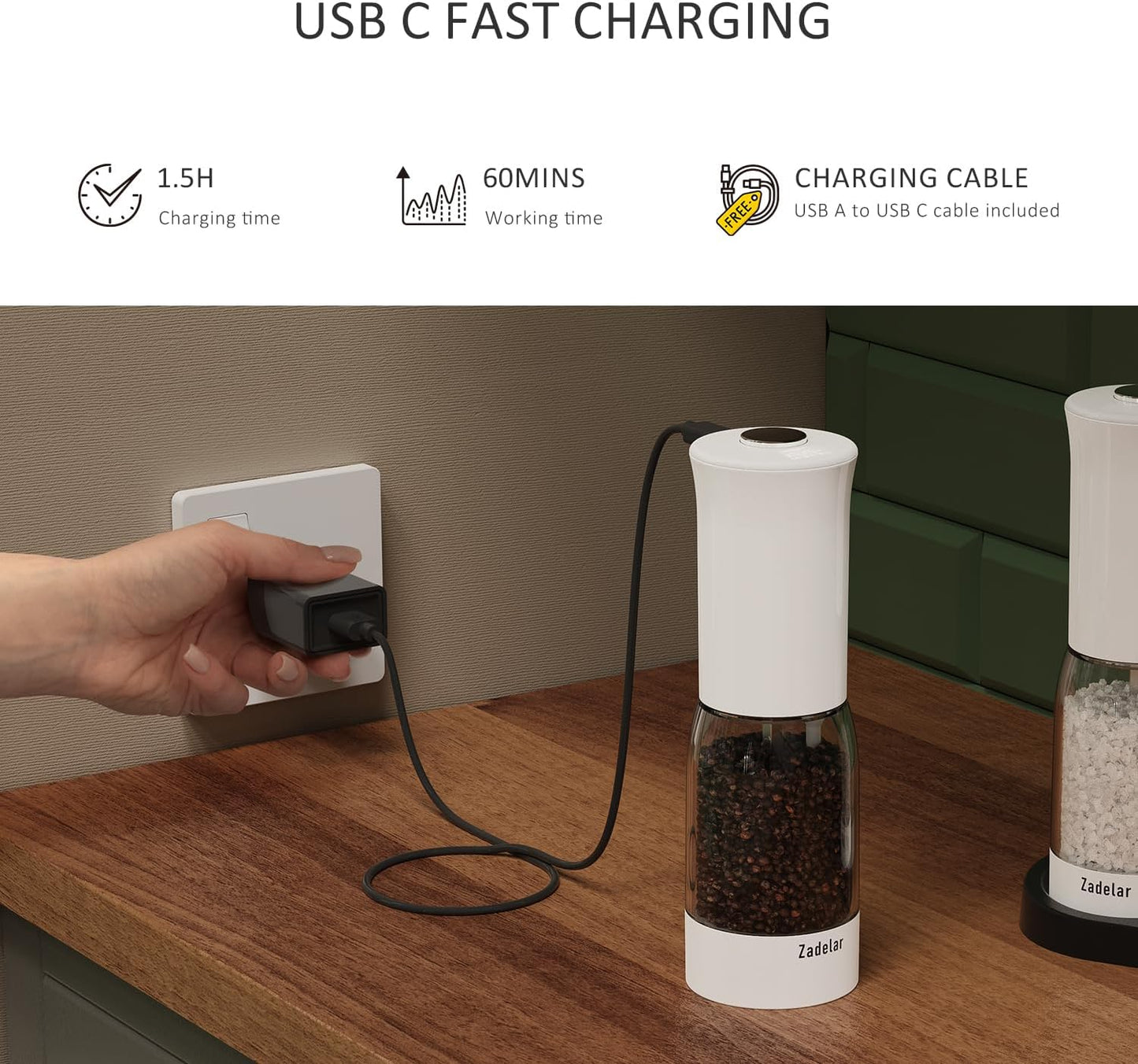 Electric Salt and Pepper Grinder Set with LED Power Display,Larger Capacity Salt and Pepper Shakers Set Rechargeable Electric with Flexible Coarsenes,LED Light,One Hand Operation for Kitchen(White)