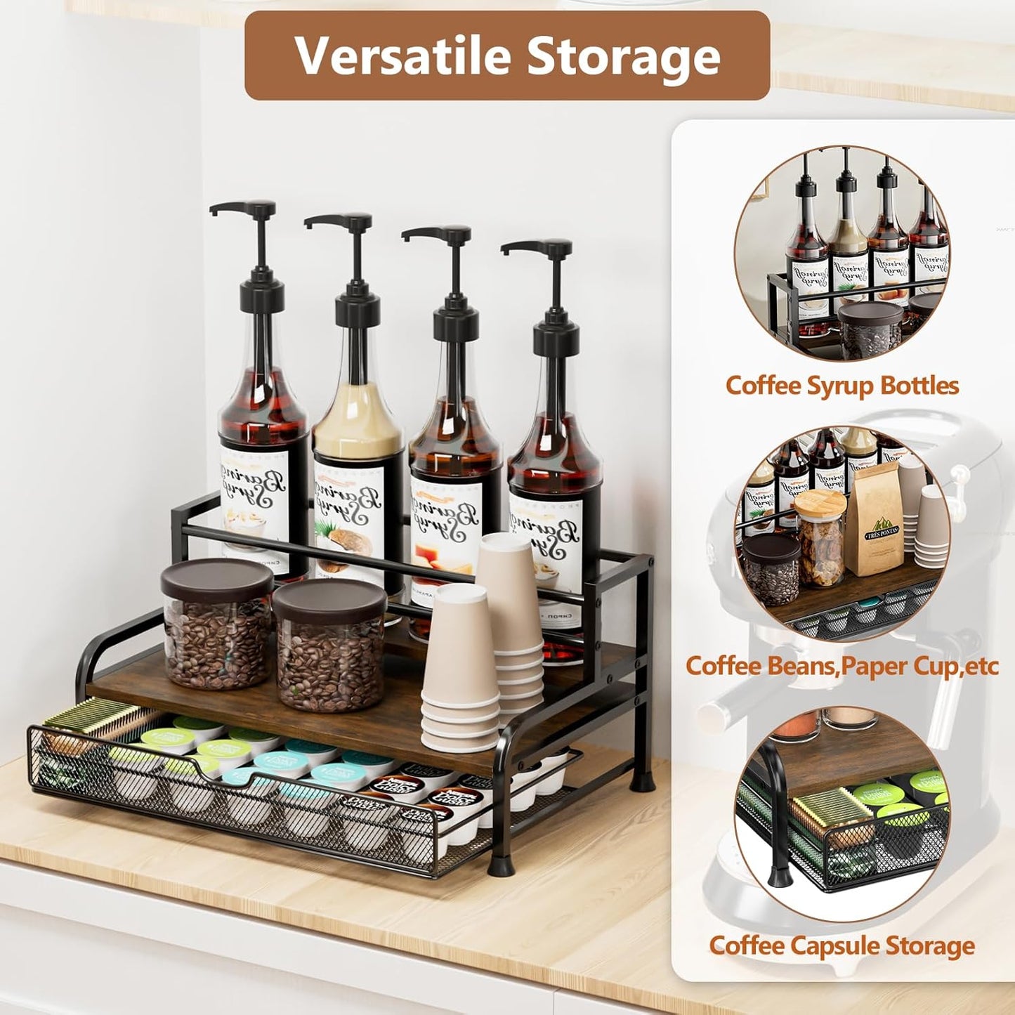 Coffee Syrup Rack Organizer, 3-Tier 8 Bottles Syrup Rack with 35 K Cup Storage Basket for Coffee Bar, Countertop Bottle Holder Stand for Wine, Dressing for Kitchen Cafe Station