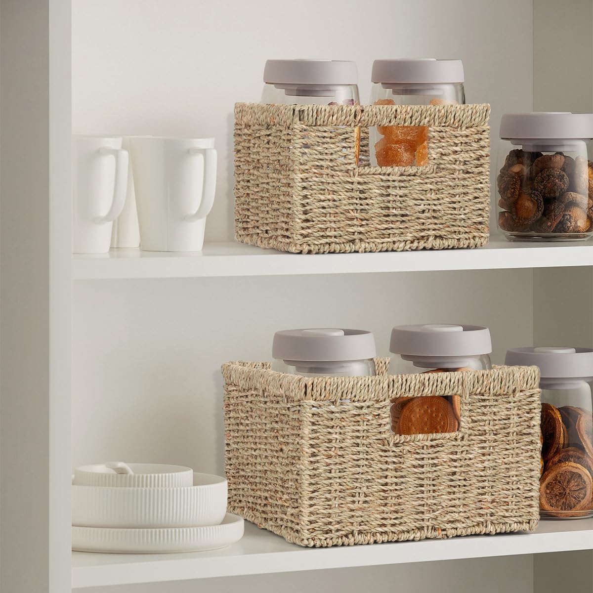 Wicker Storage Basket, Rectangular Seagrass Baskets with Handles, Handwoven Decorative Wicker Basket for Shelves, Bedroom, Set of 2, Large and Small (Natural Seagrass)