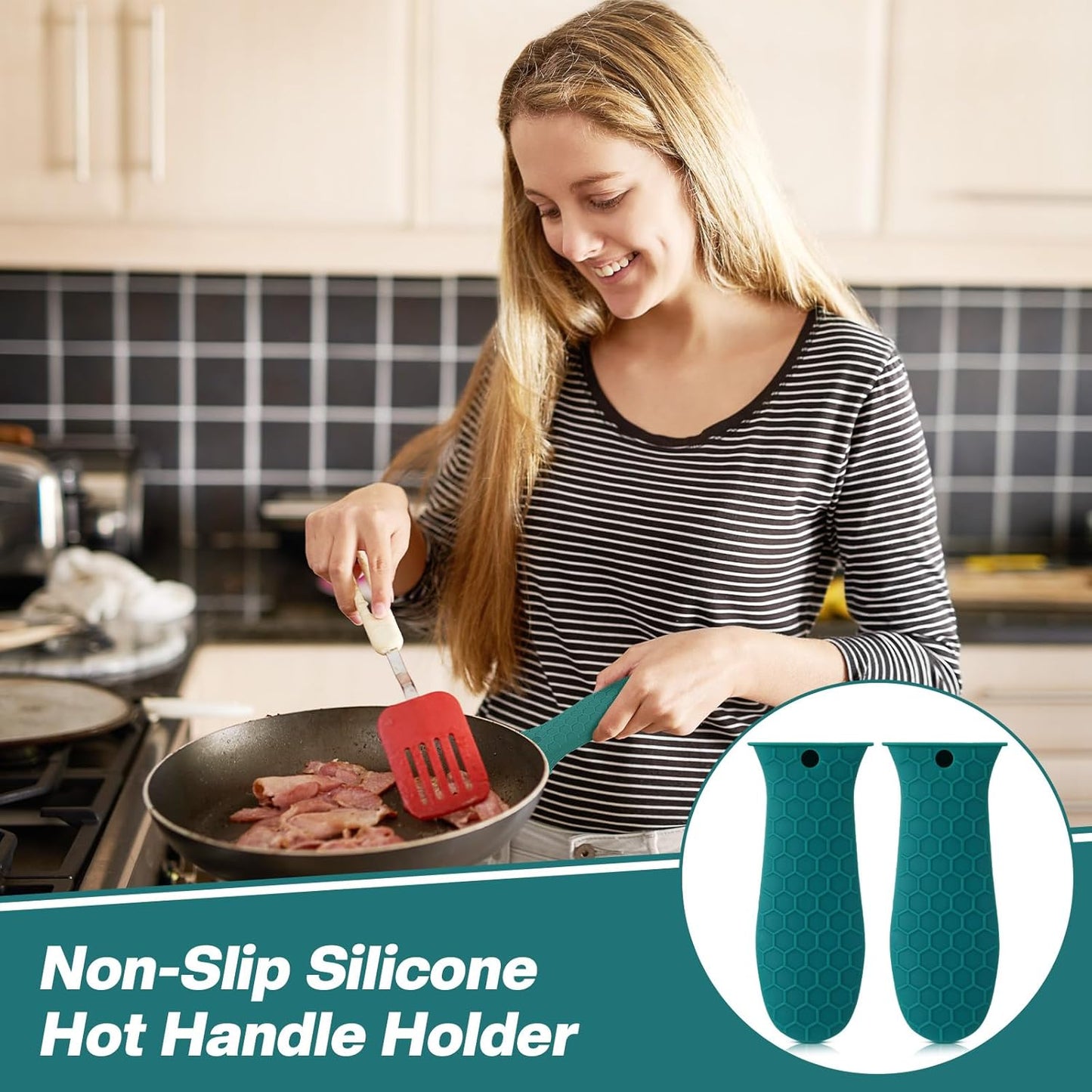 Patelai 2pcs Silicone Handle Cover for Cast Iron Skillet Kitchen Silicone Handles for Pots and Pans Non-Slip Pot Holder Sleeve for Fry Pan Griddles Metal Aluminum Cookware(Green)