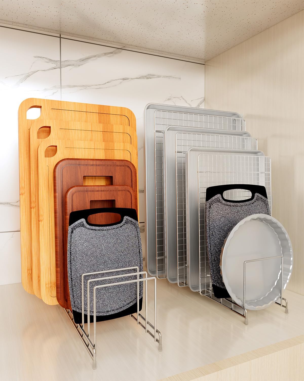 YQh 2 pieces，Kitchen Cabinet Organizer Rack for Cutting Boards, Bakeware, and Pan Storage, Stainless Steel