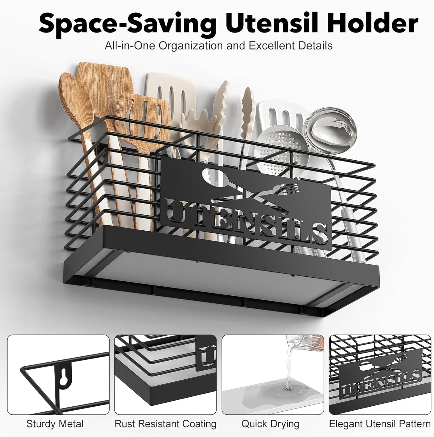 Utensil Holder for Kitchen Counter with Fast-Drying Diatomaceous Earth Base, Large Utensil Organizer with 3 Compartments, Black Metal Cooking Tools Storage