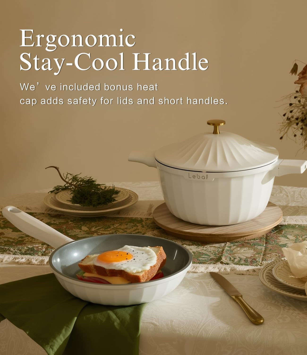 Nonstick Ceramic Cookware Set (7 Piece)–Titanium Cast Aluminum Pots and Pans Set with Lids, Non Toxic PFAS-Free Compatible with All Stovetops–Pearl White