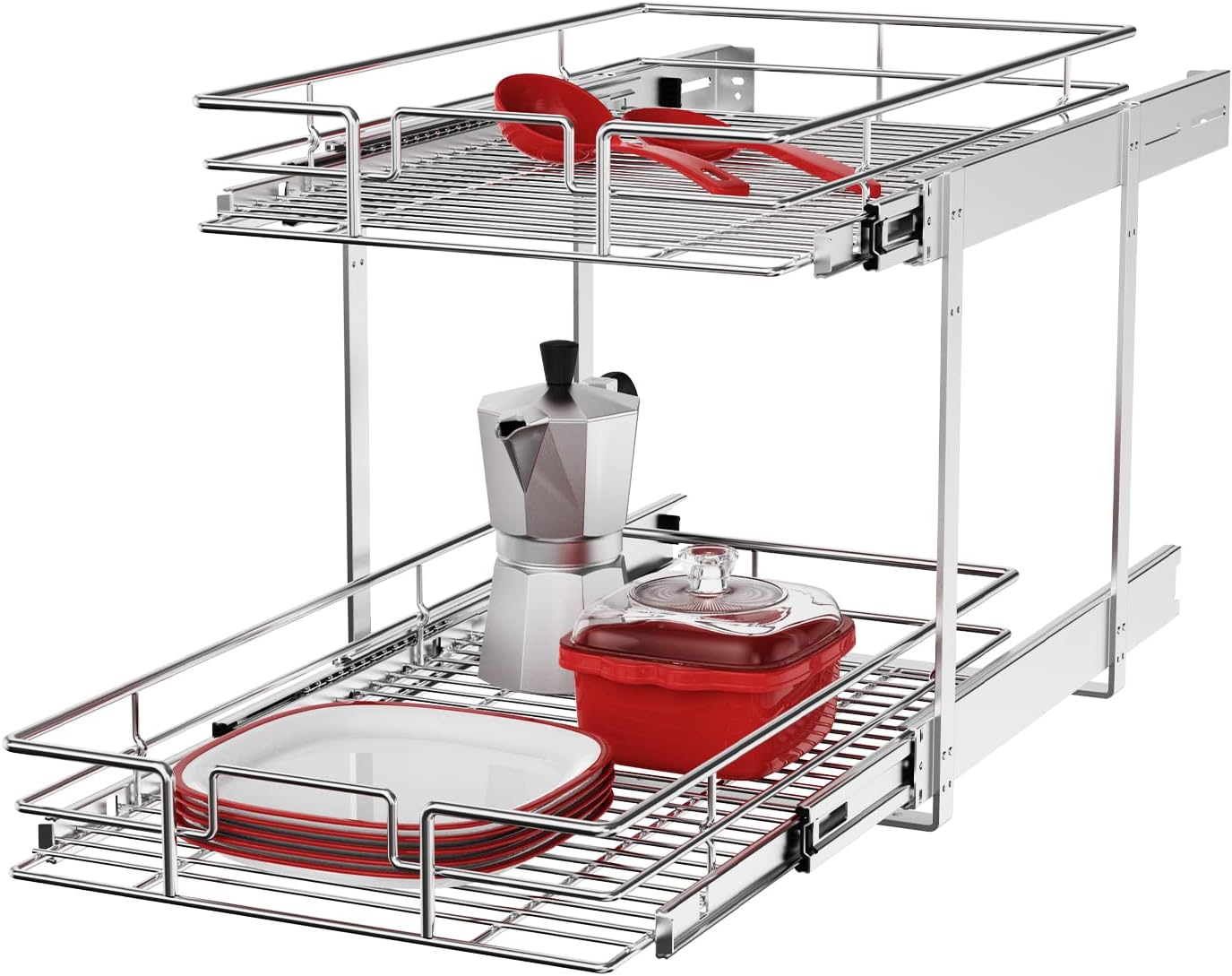 ROOMTEC Individual Pull Out Cabinet Organizer (11" W x 18" D), 2 Tier Spice Rack Organizer for Cabinet, Slide Out Drawer Pantry Shelf Organization and Storage for Kitchen Bathroom