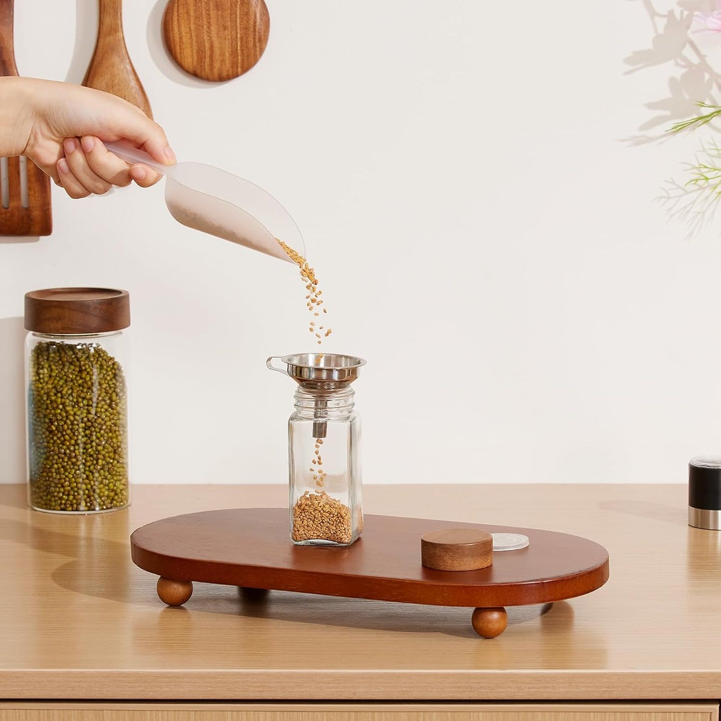 Yangbaga 34Pcs Glass Spice Jars with Labels-4oz Acacia Wood Lid Square Spice Containers with Pepper Grinder Lids &Funnel,Seasoning Jars for Rack Cabinet Drawer