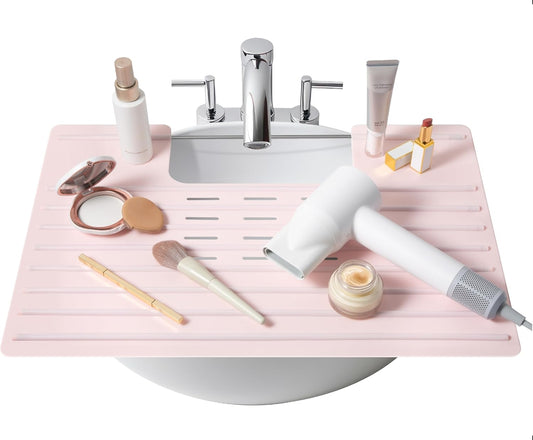 Maplefield Foldable Silicone Bathroom Sink Cover - Extra Counter Space Vanity Mat - Heat-Resistant Bathroom Sink Topper - Large, Rose Pink, 22 x 2 x 2 in