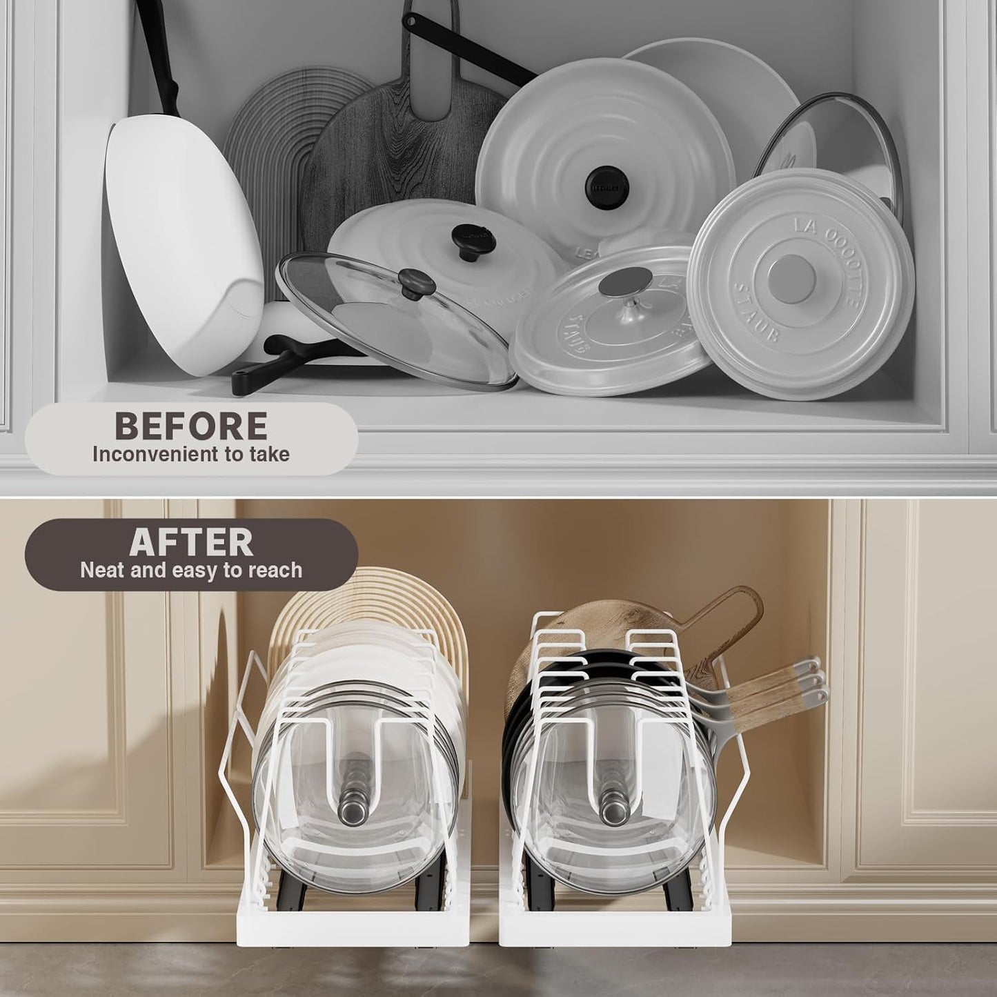 Pots and Pans Organizer Under Cabinet, 22" Deep Expandable Pull Out Pot Lid Organizer and Storage with 10 Adjustable Dividers No Drill Pot and Pan Holder Rack with Handle Bracket(1 Pack,White)