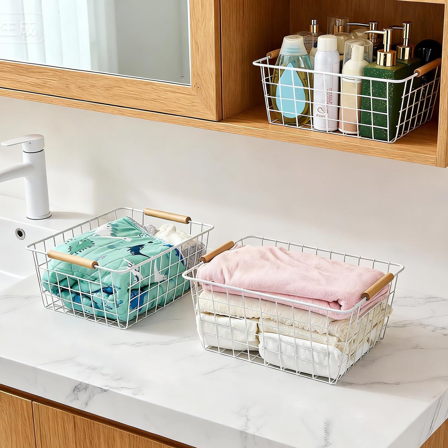 LeleCAT White Wire Baskets for Organizing with Handles，Pantry Organizers and Storage For Kitchen, Household Snack Basket for Cabinets, Closets, Bedrooms,food - Set of 4(White)