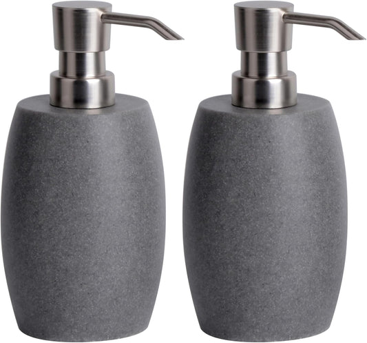 Sandstone Textured Resin Soap Dispenser with Metallic Pump and Waterproof Bottle Labels for Bathroom Kitchen Dish Hand Wash Shower Lotion Shampoo, 12 Oz, 2 Sets Gray