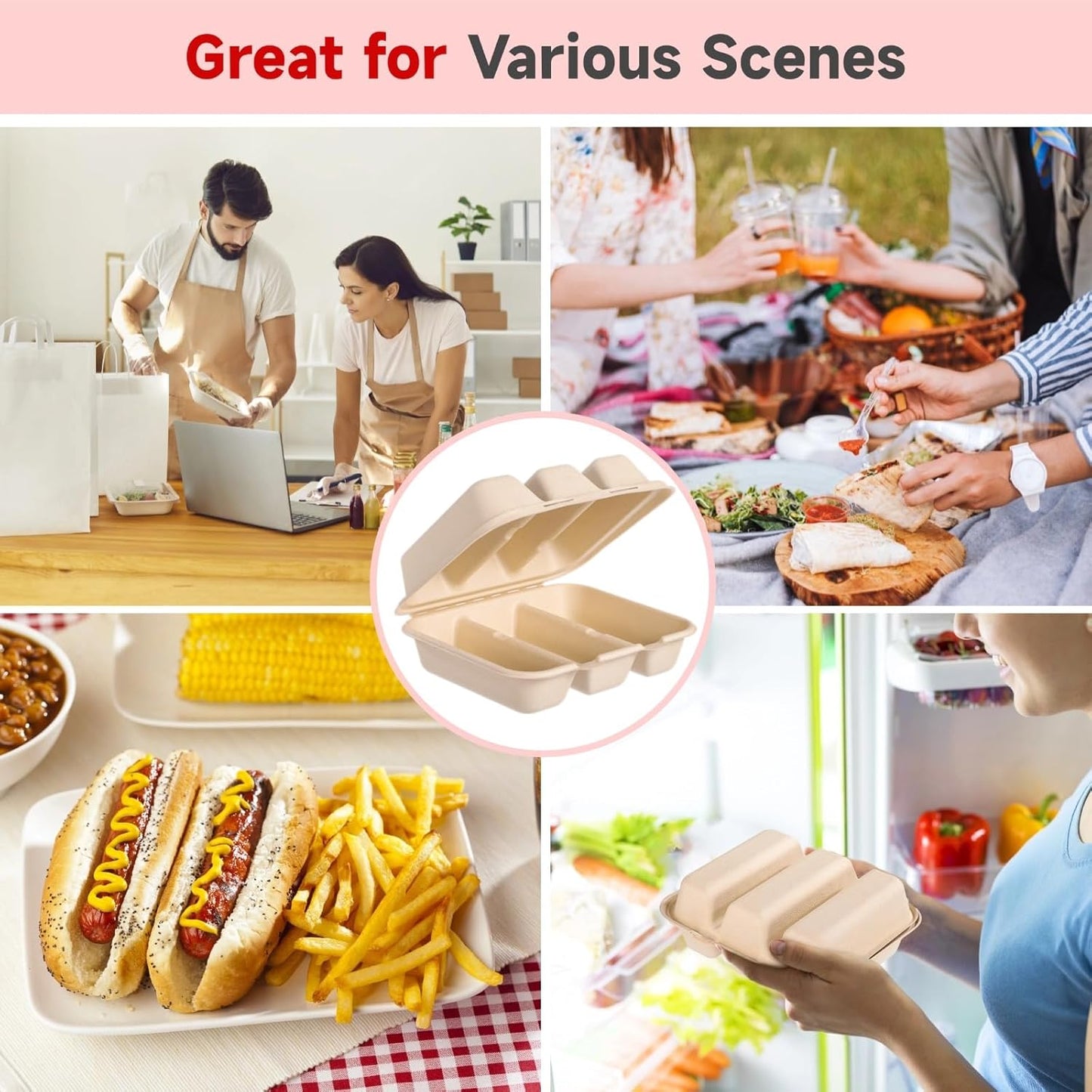 100 PCS Taco Plates Disposable with Lid, 3-Slot Taco Holder, Bagasse Pulp Takeout Food Holders for Tacos, Hot Dogs, Sandwiches, Outdoor Lunch and Party Serving (With Lid)