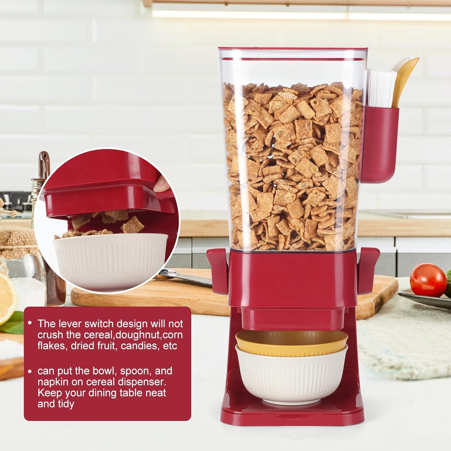 Cereal Dispenser Countertop Red 2 Pack with Creal Bowls Spoons Cutlery Box, Cereal Containers Storage - Not Easy to Crush Food, Dry Food Dispenser For Pantry Candy Snack