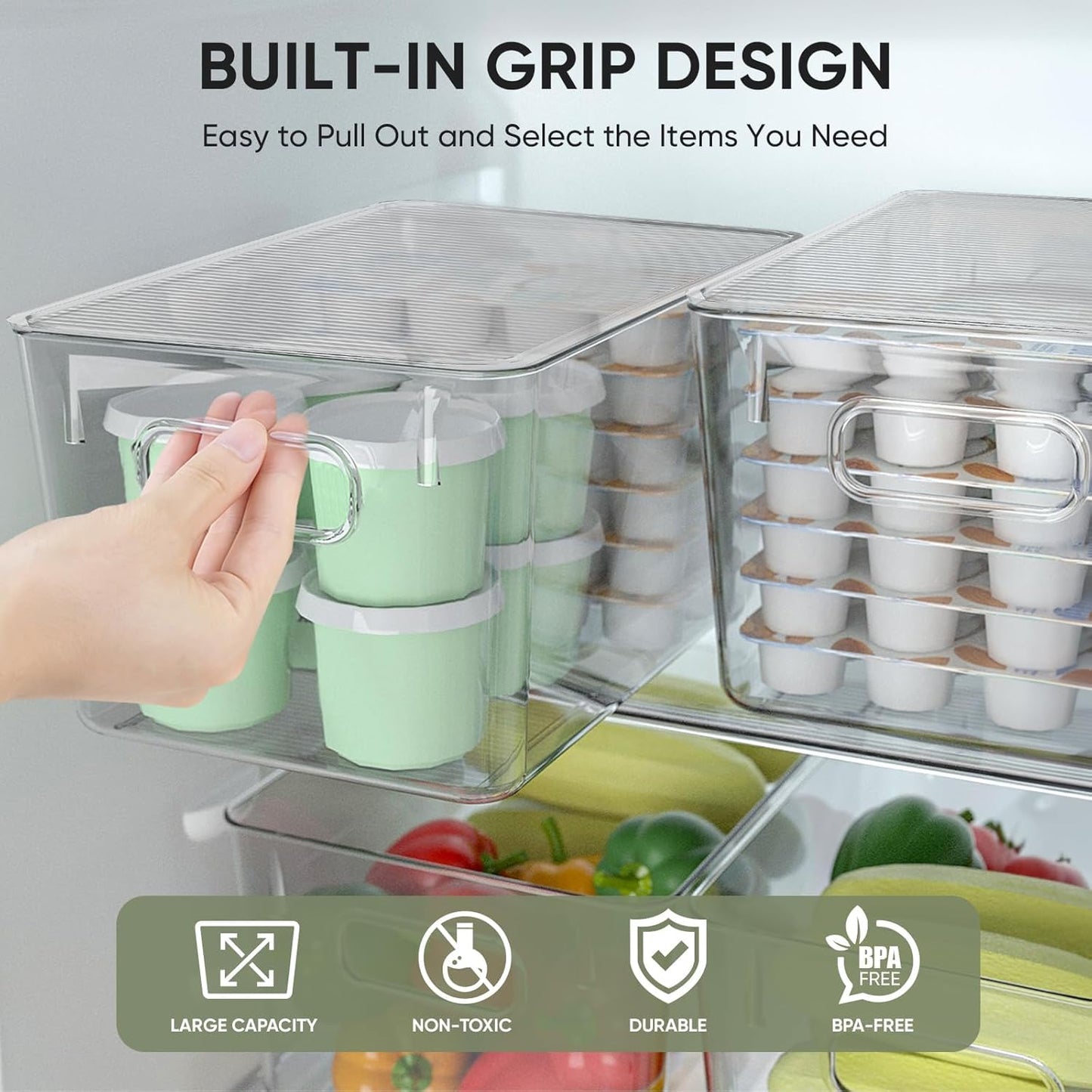 BALEINE Clear Stackable Storage Bins with Lids, Plastic Containers with Handle for Pantry Organizers and Storage, Plastic Bins for Fridge, Kitchen, Bathroom, Cabinet (10x6x5, 8PK)