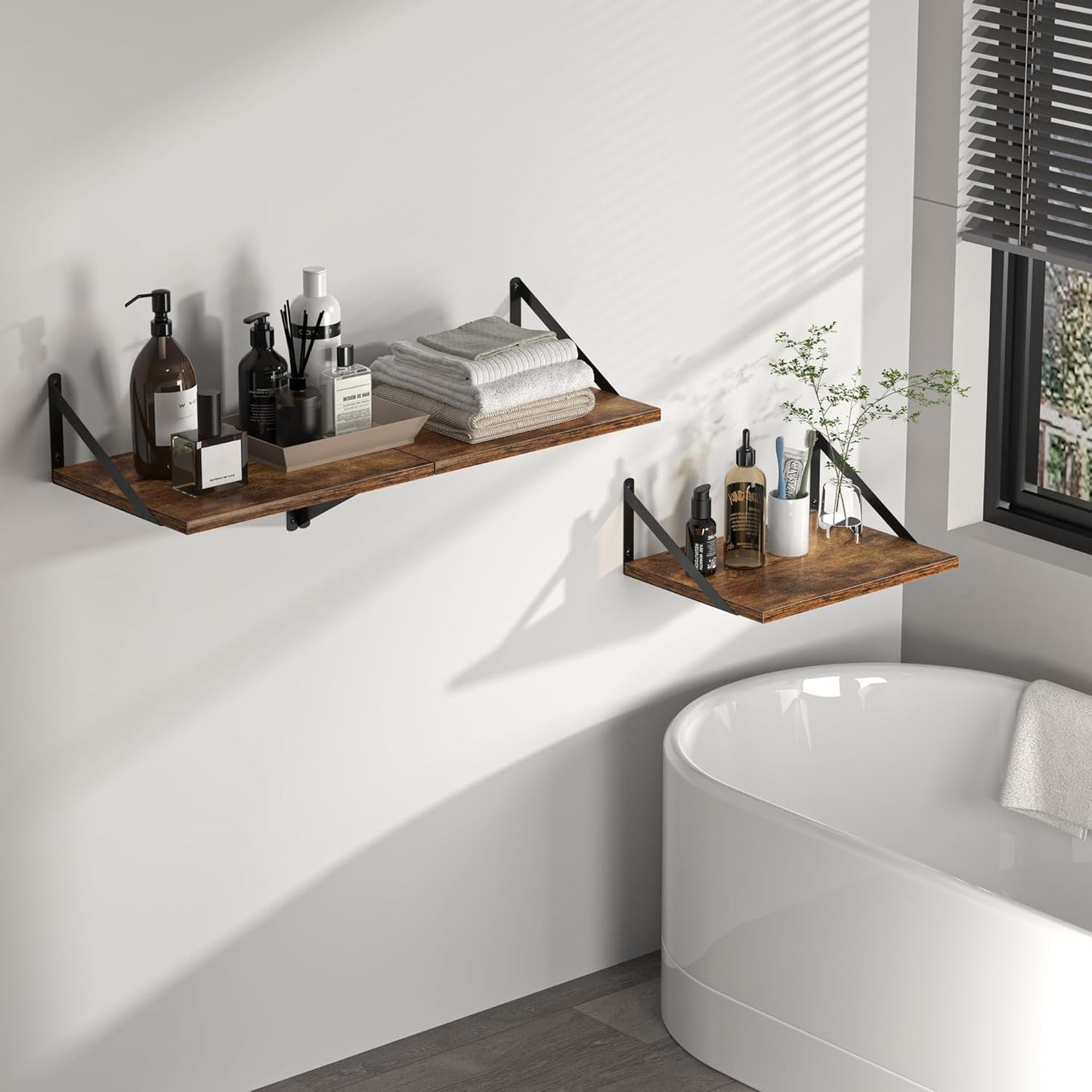 Heimlove Deep Floating Shelves for Wall, 16W x 12D Wood Wall Shelves Set of 2, Wide Floating Bookshelf for Living Room, Kitchen, Office, Bedroom and Decor Storage, with Metal Bracket - Rustic Brown