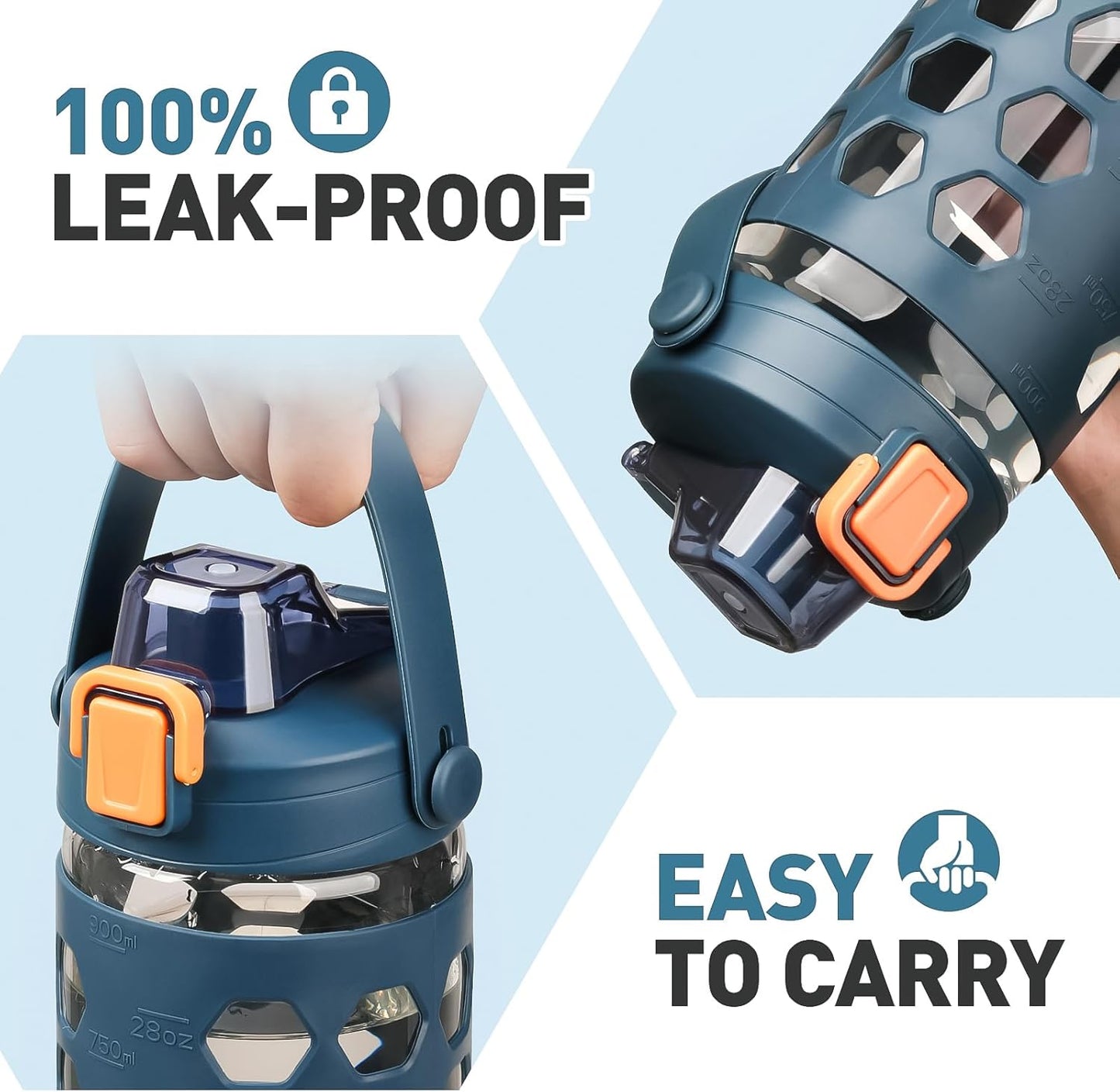 MUKOKO 32 oz Glass Tumbler with Straw,Glass Water Bottles with Time Marker,Iced Coffee Cup with 2 Lids-Handle Spout Lid&Straw Lid,Silicone Sleeve,Leakproof,1 Pack-Blue