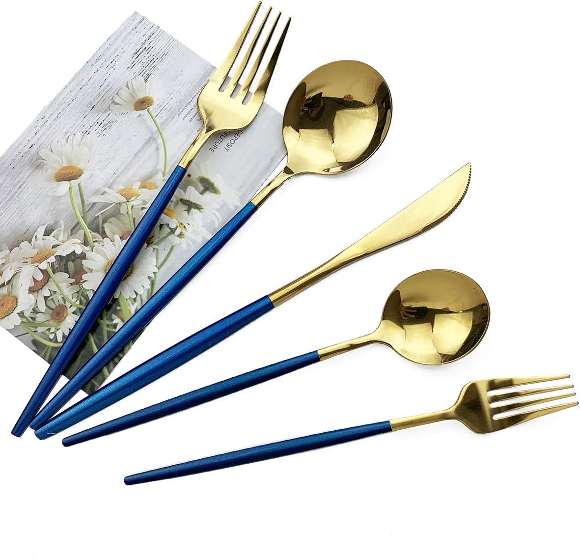 JASHII Blue Gold Silverware Set, 20-Piece Stainless Steel Satin Finish Flatware, Kitchen Utensils, Mirror Polished Tableware Cutlery for Home and Restaurant, Dishwasher Safe