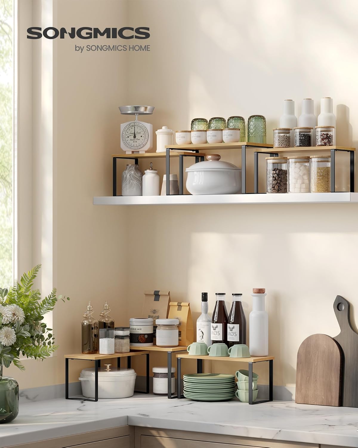 SONGMICS Cabinet Organizer Shelf, Set of 3 Kitchen Counter Shelves, Kitchen Storage, Spice Rack, Stackable, Expandable, Ink Black and Natural Beige UKCS014B01