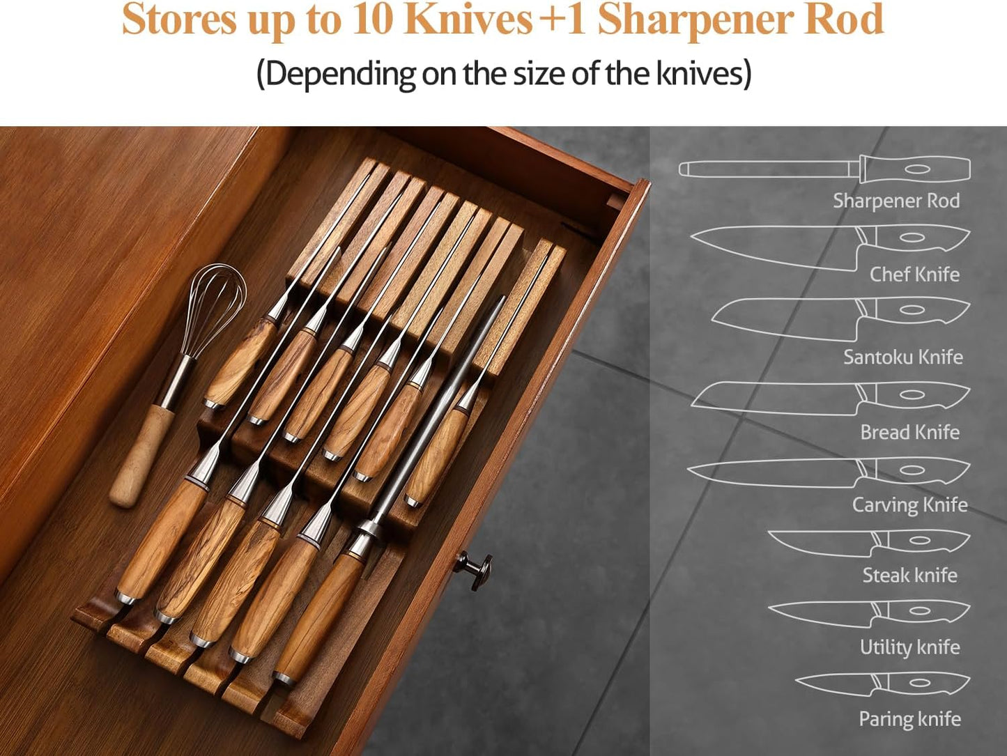 XINZUO In-drawer Knife Block, Natural Acacia Knife Drawer Oganizer, Insert-Kitchen Storage Holder, 11 Slots, Holds up to 11 Various Size Knives, Countertop Saving&Knife Protective