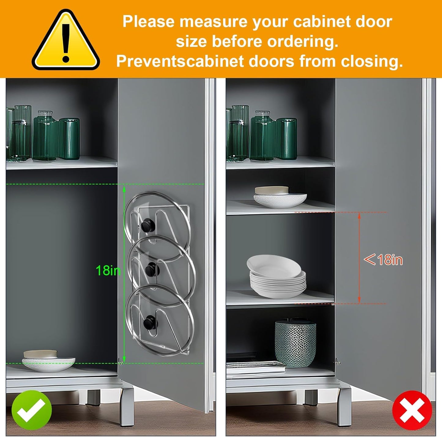 2 Pack Pot-Lid-Organizer, 6-Tier Pots and Pans Lid-Organizer for Cabinet Door/Wall, No Drilling Adhesive Wall/Door Mounted Rustproof Pot-Lid-Holder for Kitchen Organization - silver