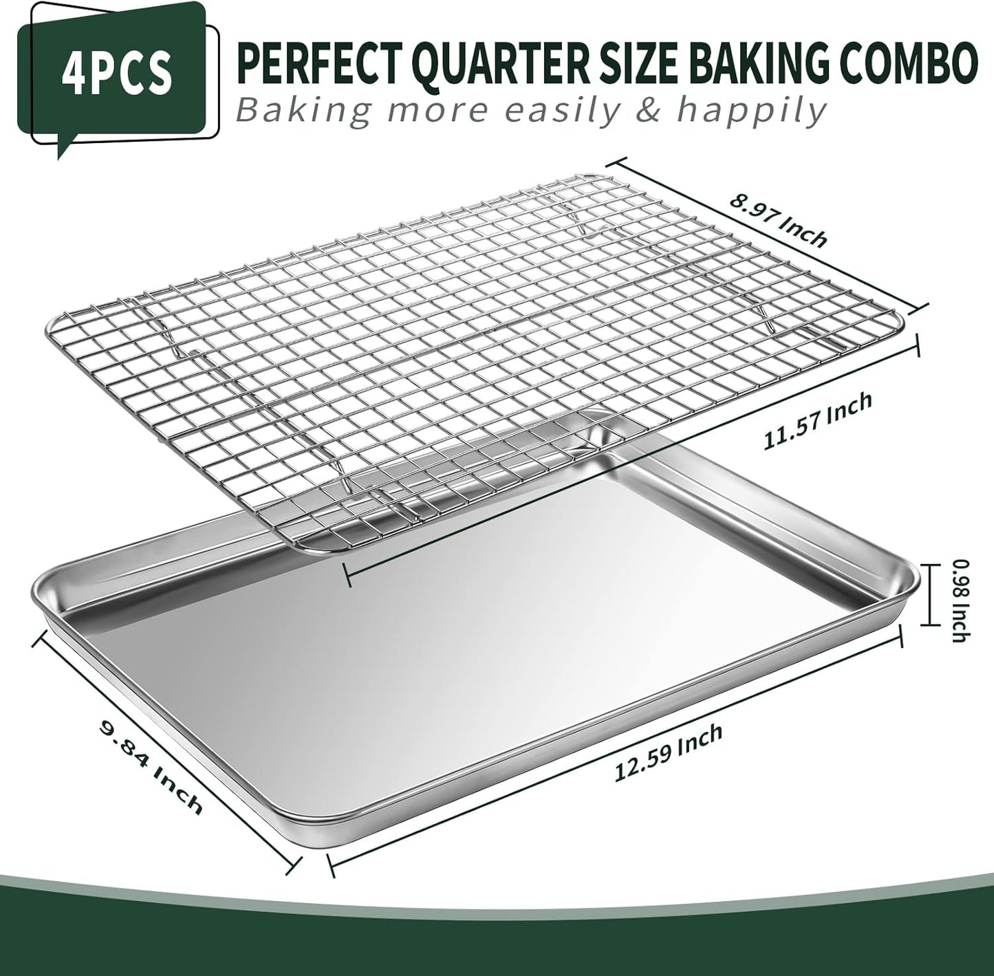 Quarter Sheet Pan with Cooling Rack Set [2 Baking Sheets + 2 Baking Racks], CEKEE Stainless Steel Cookie Sheets for Baking and Wire Rack - Rust & Warp Resistant & Nonstick, Size 12 x 9.8 x 1 Inch