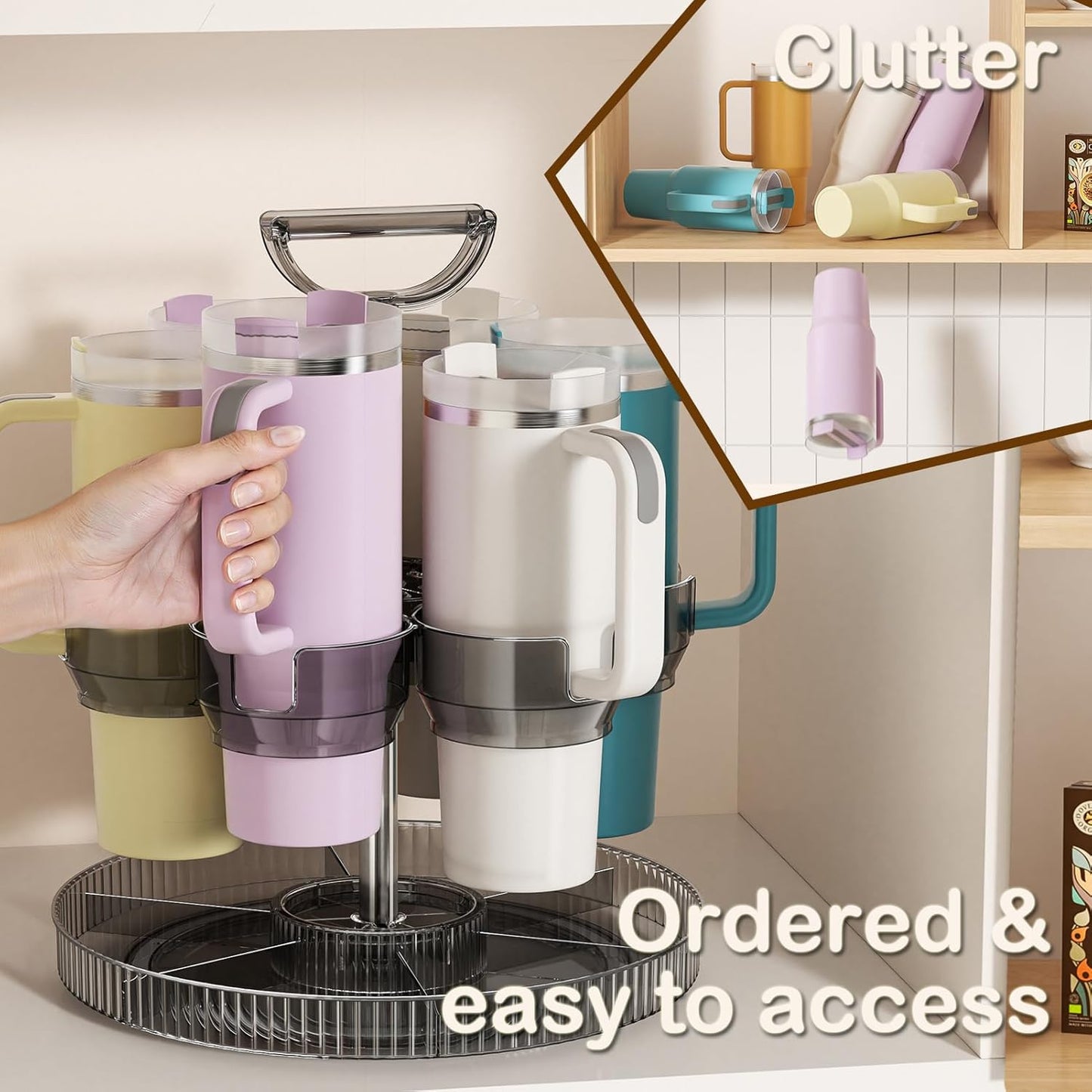 Rotating Stanley Cup Holder, Portable Water Bottle Organizer for 6 Stanley 40 oz & Mug, Adjustable Lazy Susan Organizer for Table Top Cabinet Home Countertop Pantry Shelf Tumbler Lid Organizer