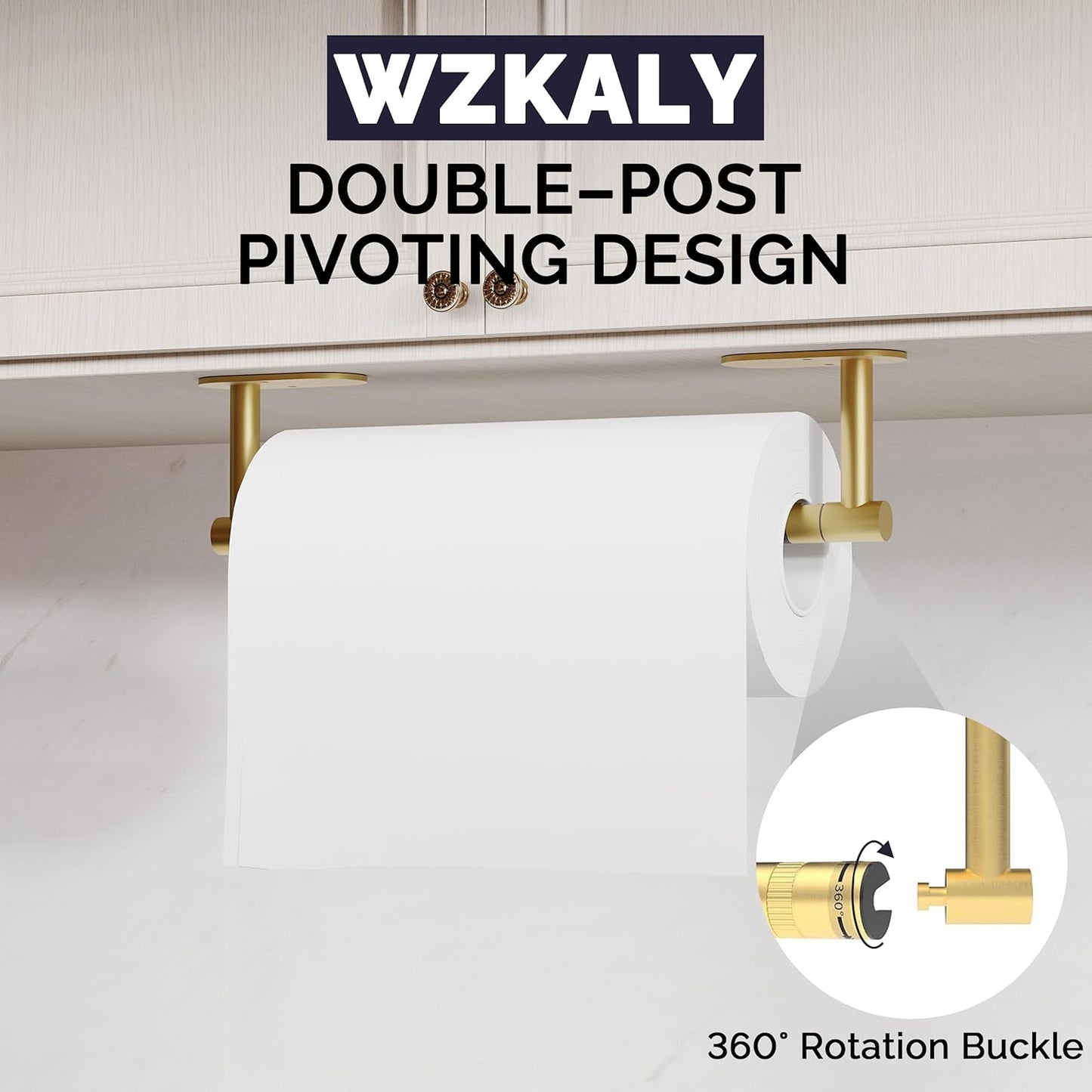 Paper Towel Holder Under Cabinet, Self Adhesive or Wall Mounted SUS304 Stainless Steel Paper Towel Holder for Kitchen, Farmhouse, Barbecue and Laundry (Brushed Gold)