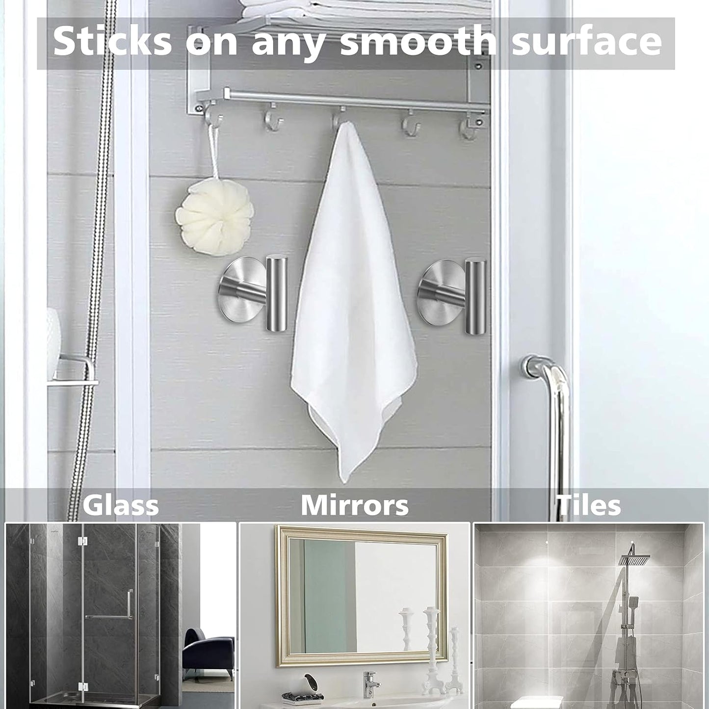 Adhesive Towel Hooks Heavy Duty Wall Hooks Stainless Steel Waterproof Shower Towel Hooks, Coat Hook for Hanging Clothes, Adhesive Hook for Bathroom, Glass Window, Kitchen- 2 Pack, Silver