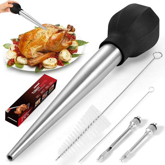 SCHVUBENR Large Turkey Baster with Cleaning Brush & Needle - Stainless Steel Baster Tool for Cooking - Easy to Use and Clean - Heavy Duty Baster Syringe - Flavor Meat Poultry, Beef, Chicken - Black