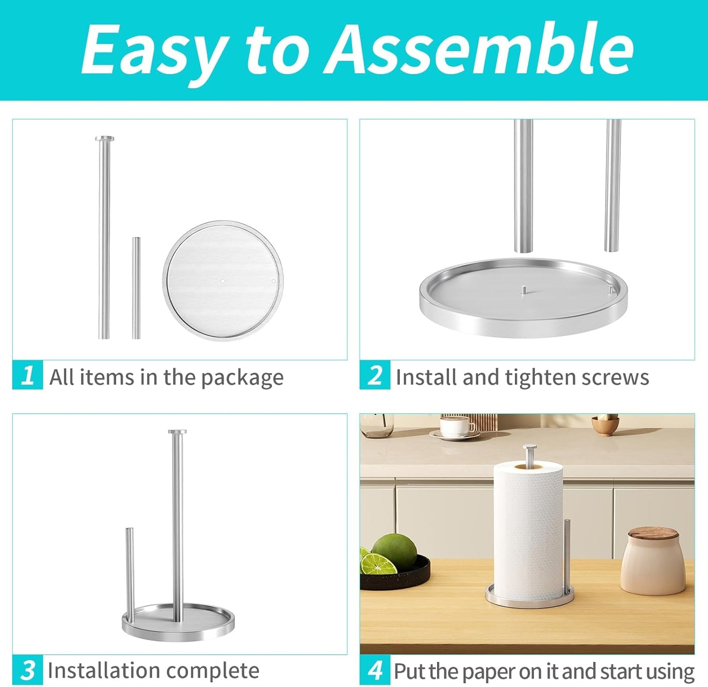 Paper Towel Holder Countertop, Standing Paper Roll Holder with Anti Slip Weighted Base, Stainless Steel Freestanding Paper Towel Holder for Kitchen, Silver