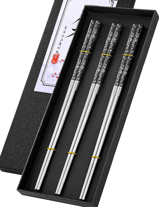 Metal Chopsticks Reusable, 3 Pairs Chop Sticks Reusable Dishwasher Safe, Titanium Plated Non-Slip Stainless Steel Chopsticks Present Set (Black Silver)