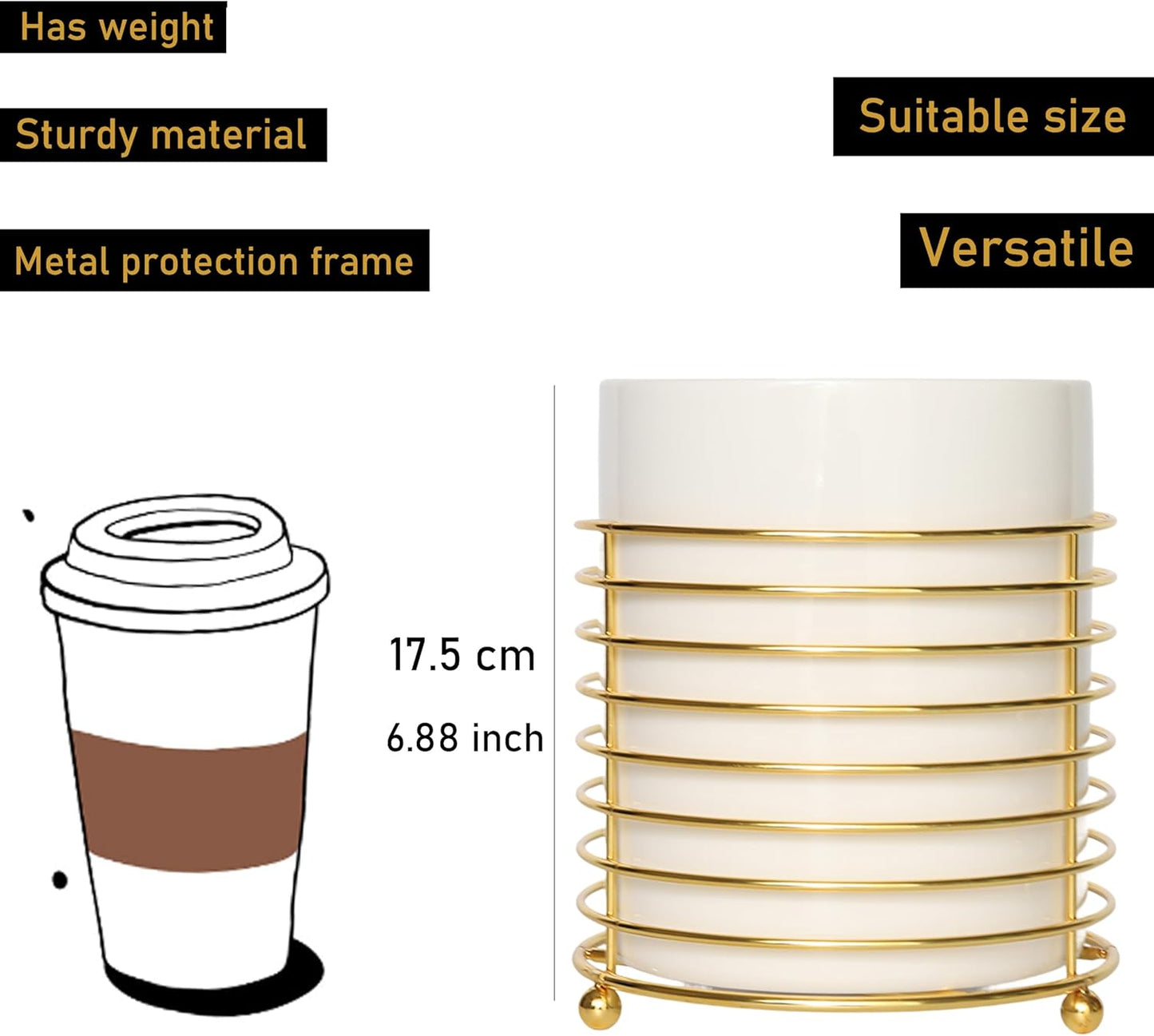 Utensil Holder for Kitchen Counter Large Cooking Utensil Holder,Gold Ring Metal Frame and White Ceramics
