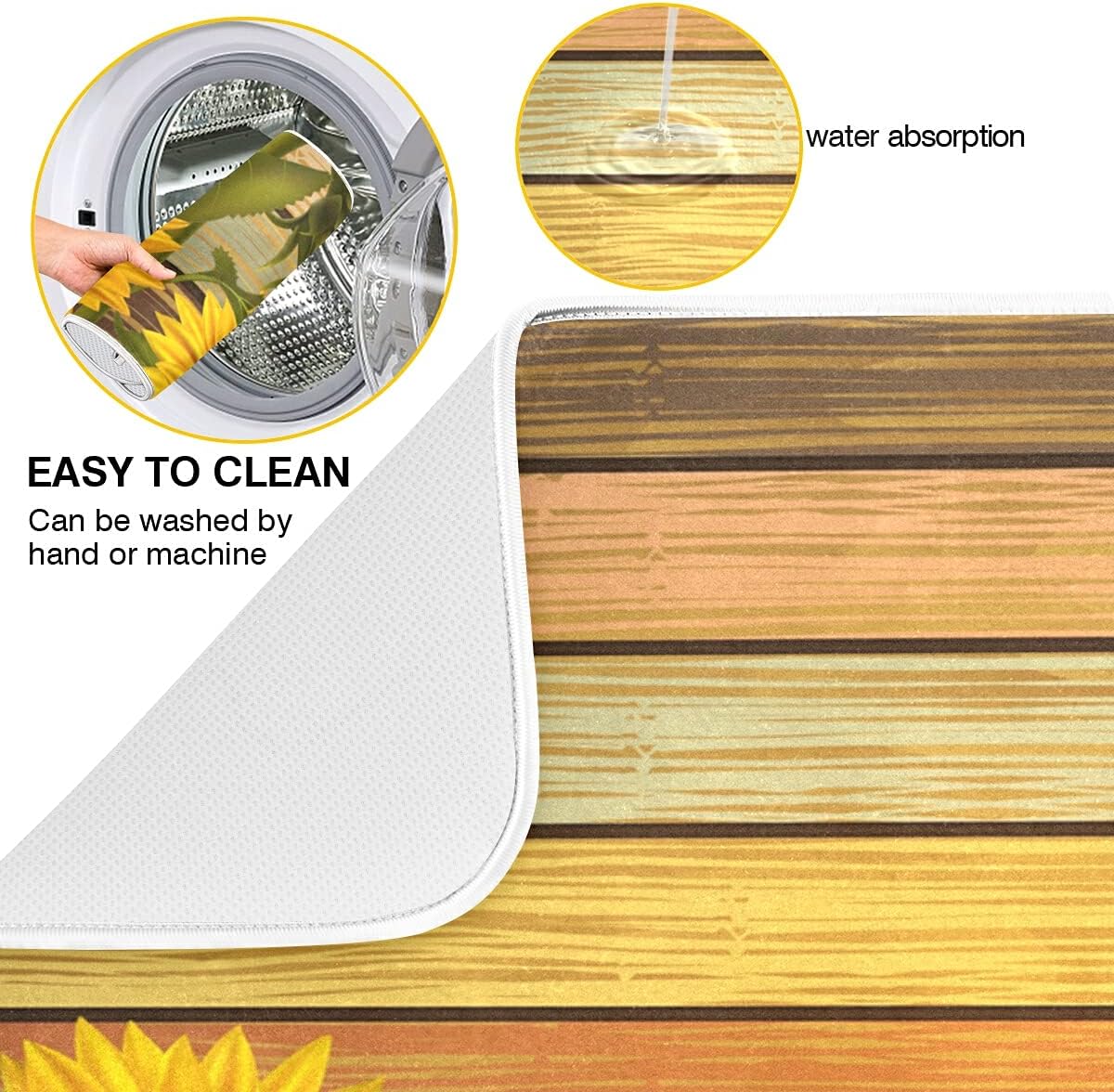 Super Absorbent Dish Drying Mat, Microfiber Fast-Drying Dish Mat, 24" x 18", Kitchen Dish Drying Pad, Sunflower On Wooden Board Vintage