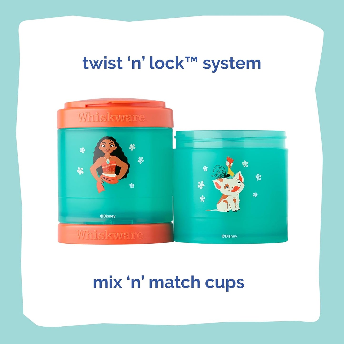 Whiskware Disney Princess Moana, Stackable Snack Containers for Kids, 3 Stackable Snack Cups for School or Travel, Formula and Cupholder Friendly, Moana and Pua