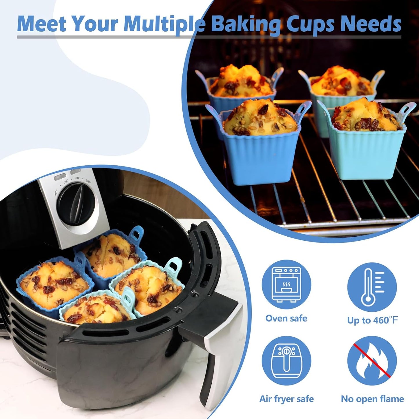 Koluti Reusable Silicone Baking Cups Set of 4, Nonstick Muffin Cupcakes Mold with Double Handle, BPA Free, Small Square Air Fryer Cupcake Liners, 2 Color