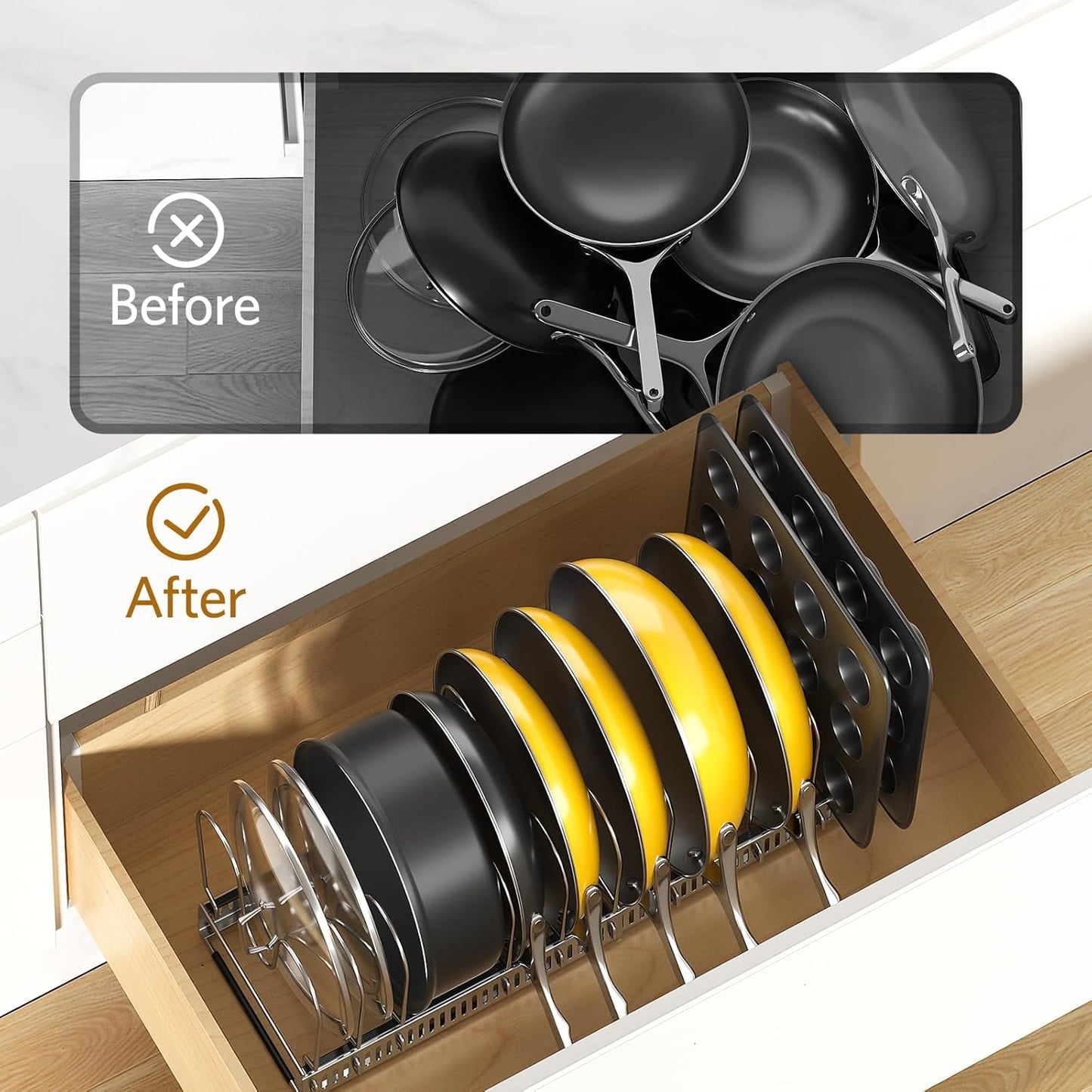 ORDORA Pots and Pans Organizer under Cabinet with Pan Holder: Expandable 11.8"-22.8" Kitchen Cabinet Organizer Rack, 12 Adjustable Dividers Storage for Cookie Sheets, Cutting Boards & Lid, Silver