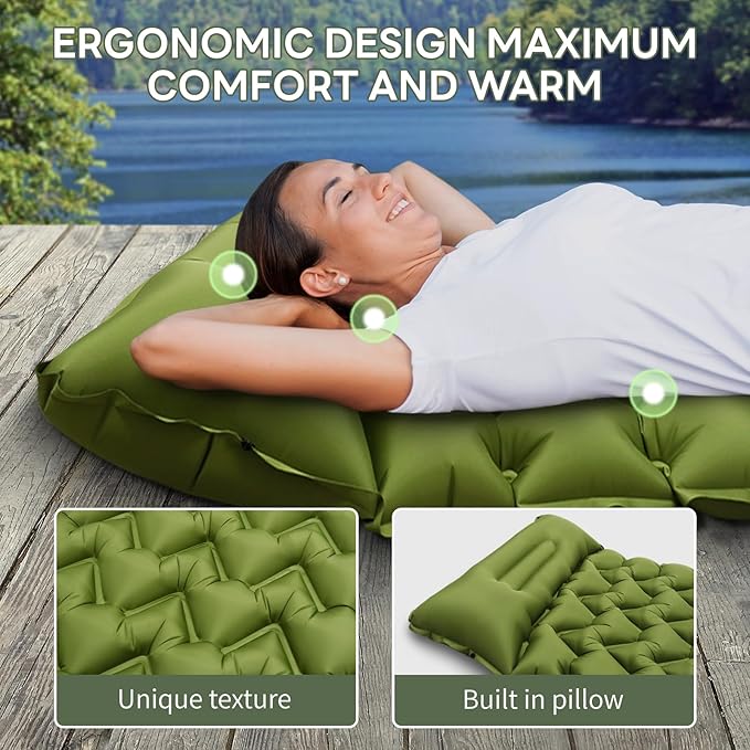 Ultralight Inflatable Sleeping Pad with Built-in Foot Pump - Upgraded Durable Air Mattress for Camping, Backpacking, Hiking - Compact Design Includes Carry Bag (Green)